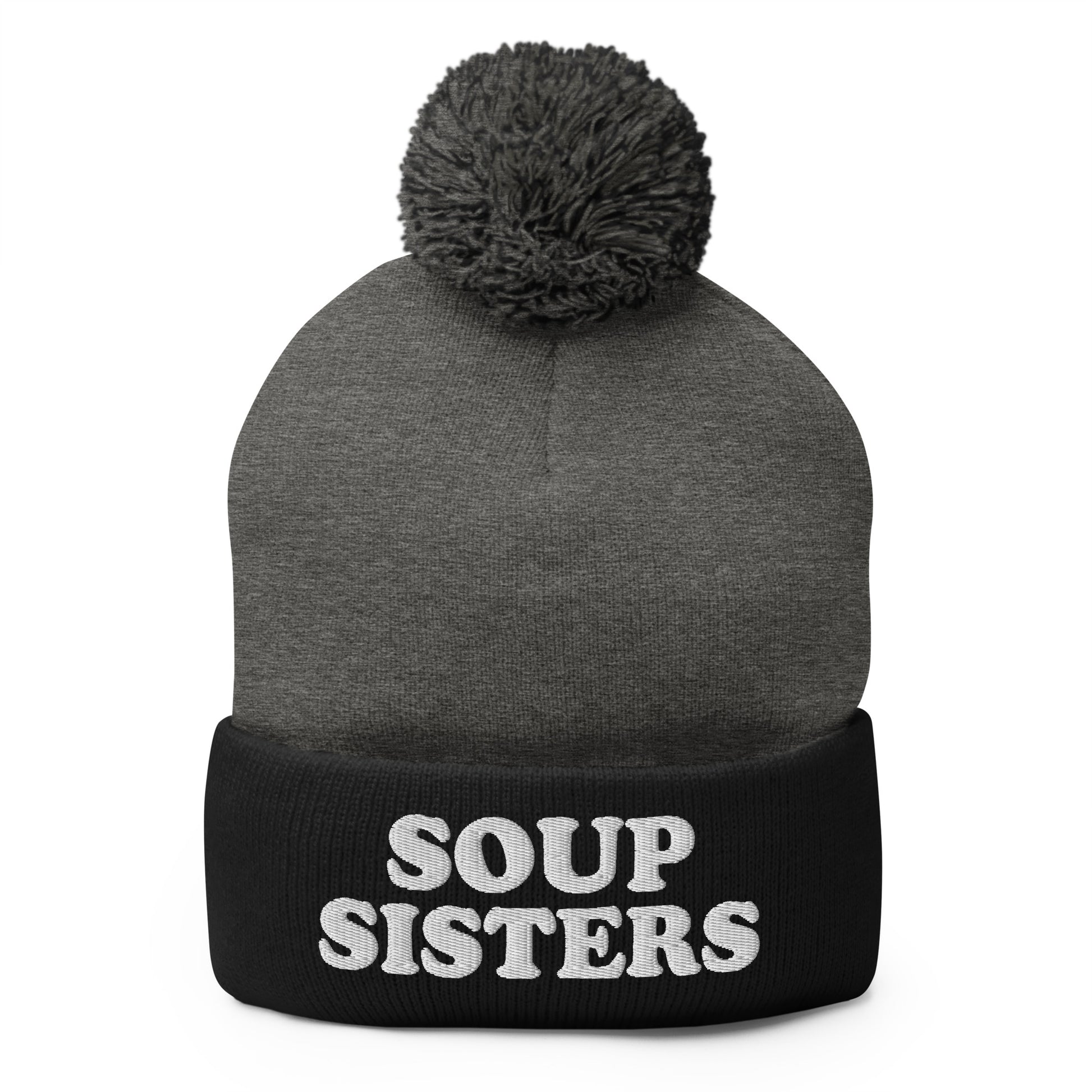 Black and gray Soup Sisters Beanie - Are you a soup enthusiast? Looking for the perfect gift for a group of soup loving sisters? Our Soup Sisters Pom Pom Beanie is warm, comfortable and made just for you. It's a funny beanie for soup lovers, sisters and foodies of all kinds.
