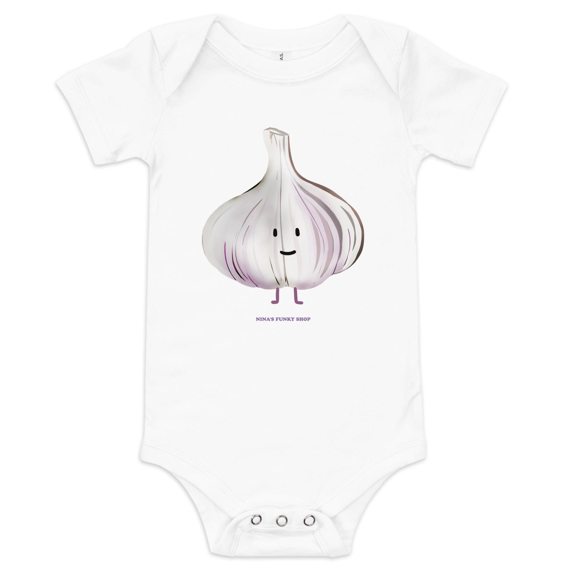 White Garlic Funny Baby Onesie - Love garlic? Dress your baby in our 100% cotton garlic baby onesie. It has three snap leg closure for easy changing, a comfortable envelope neckline, and a unique bagel design, expertly printed on the front. Designed by Nina and made just for you!