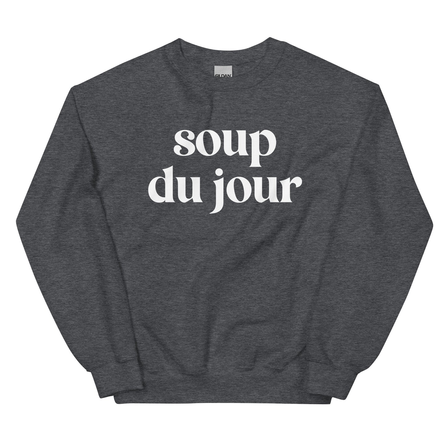 Gray Soup Du Jour Sweatshirt - Love soup? Our Soup Du Jour Crewneck Sweatshirt is super soft, cozy and expertly printed just for you! Eat your favorite soup in this funny sweatshirt or give it as a gift for your favorite soup enthusiast. 
