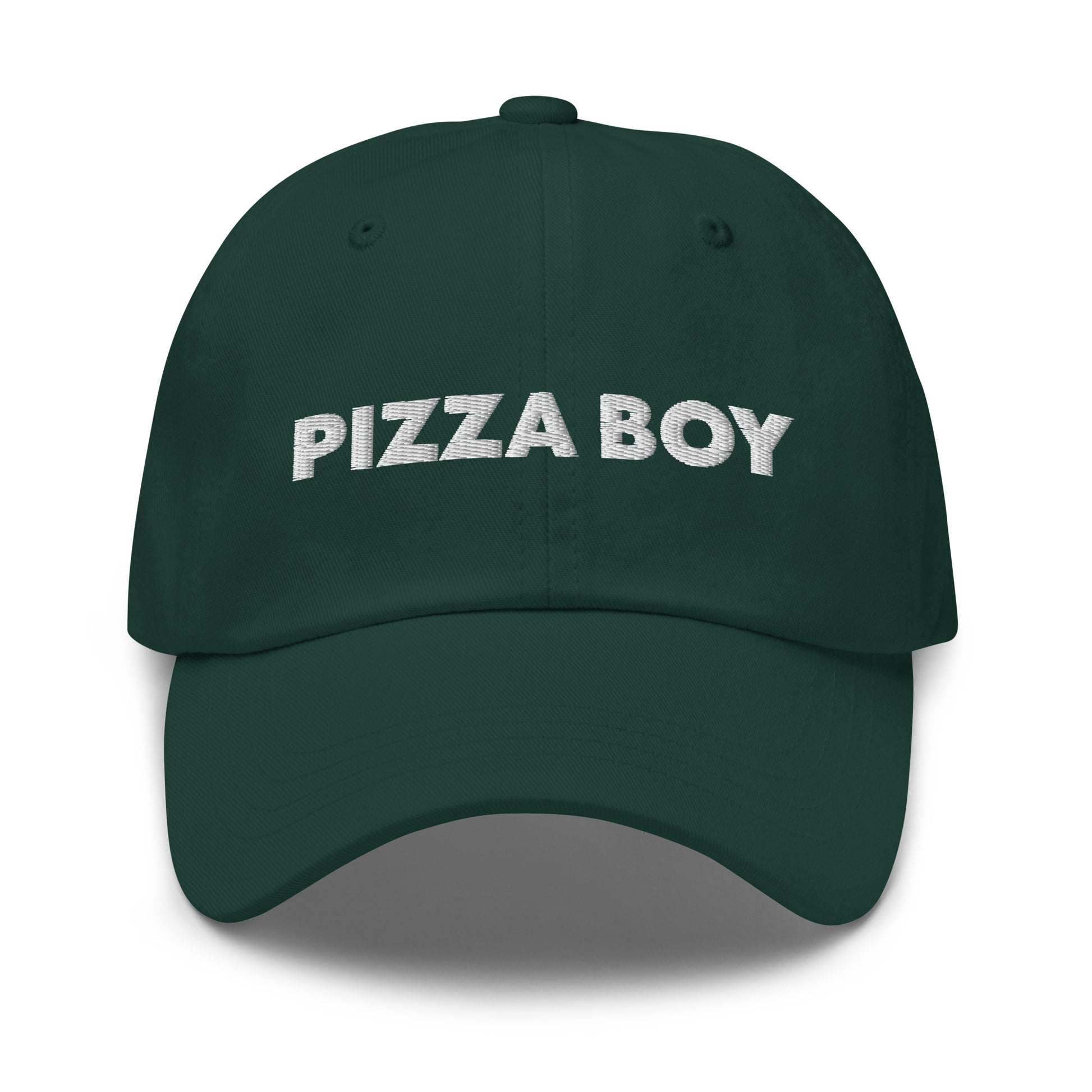 Green Pizza Boy Hat - This Pizza Boy Hat is comfortable, comes in a variety of colors and is the perfect accessory for everyday wear. It's a classic cotton dad hat with an adjustable strap and the words "Pizza Boy", expertly embroidered on the front.