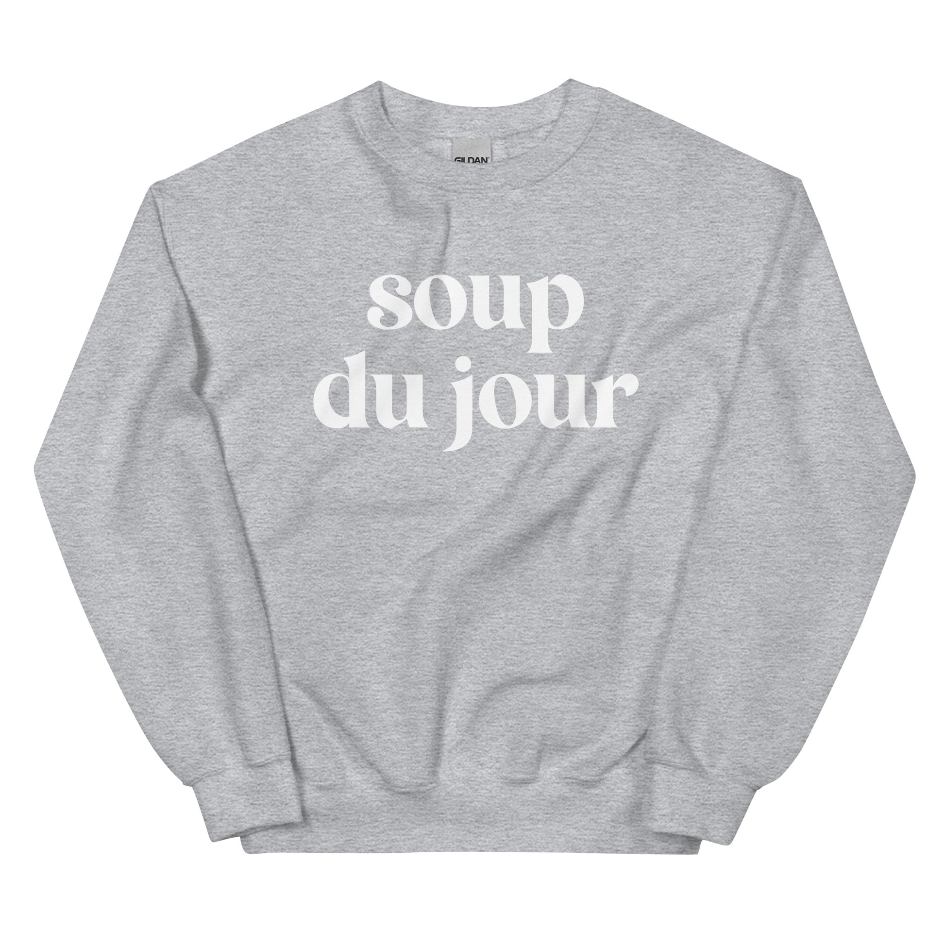 Light Gray Soup Du Jour Sweatshirt - Love soup? Our Soup Du Jour Crewneck Sweatshirt is super soft, cozy and expertly printed just for you! Eat your favorite soup in this funny sweatshirt or give it as a gift for your favorite soup enthusiast. 
