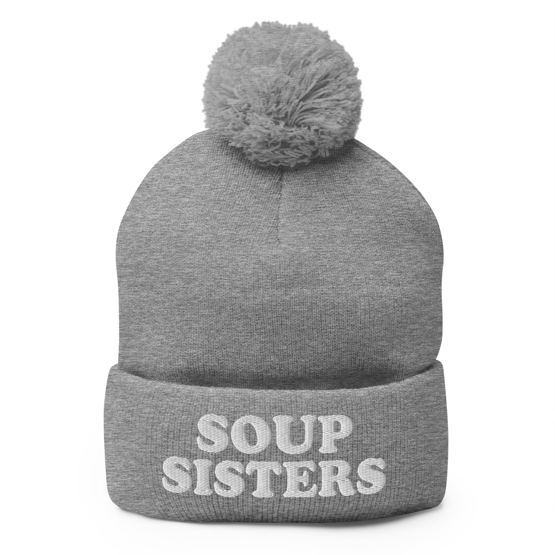 Light Gray Soup Sisters Beanie - Are you a soup enthusiast? Looking for the perfect gift for a group of soup loving sisters? Our Soup Sisters Pom Pom Beanie is warm, comfortable and made just for you. It's a funny beanie for soup lovers, sisters and foodies of all kinds.
