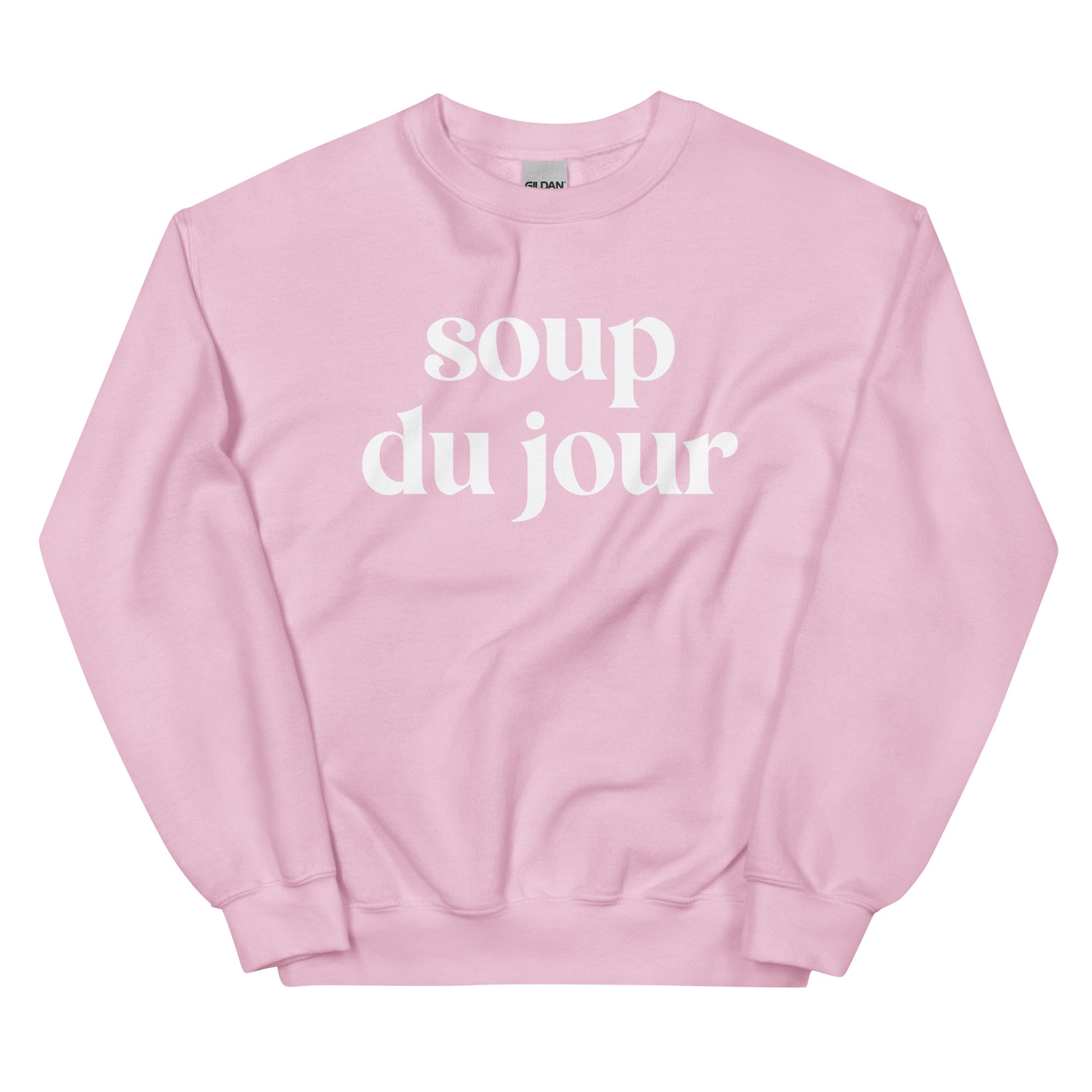 Pink Soup Du Jour Sweatshirt - Love soup? Our Soup Du Jour Crewneck Sweatshirt is super soft, cozy and expertly printed just for you! Eat your favorite soup in this funny sweatshirt or give it as a gift for your favorite soup enthusiast. 
