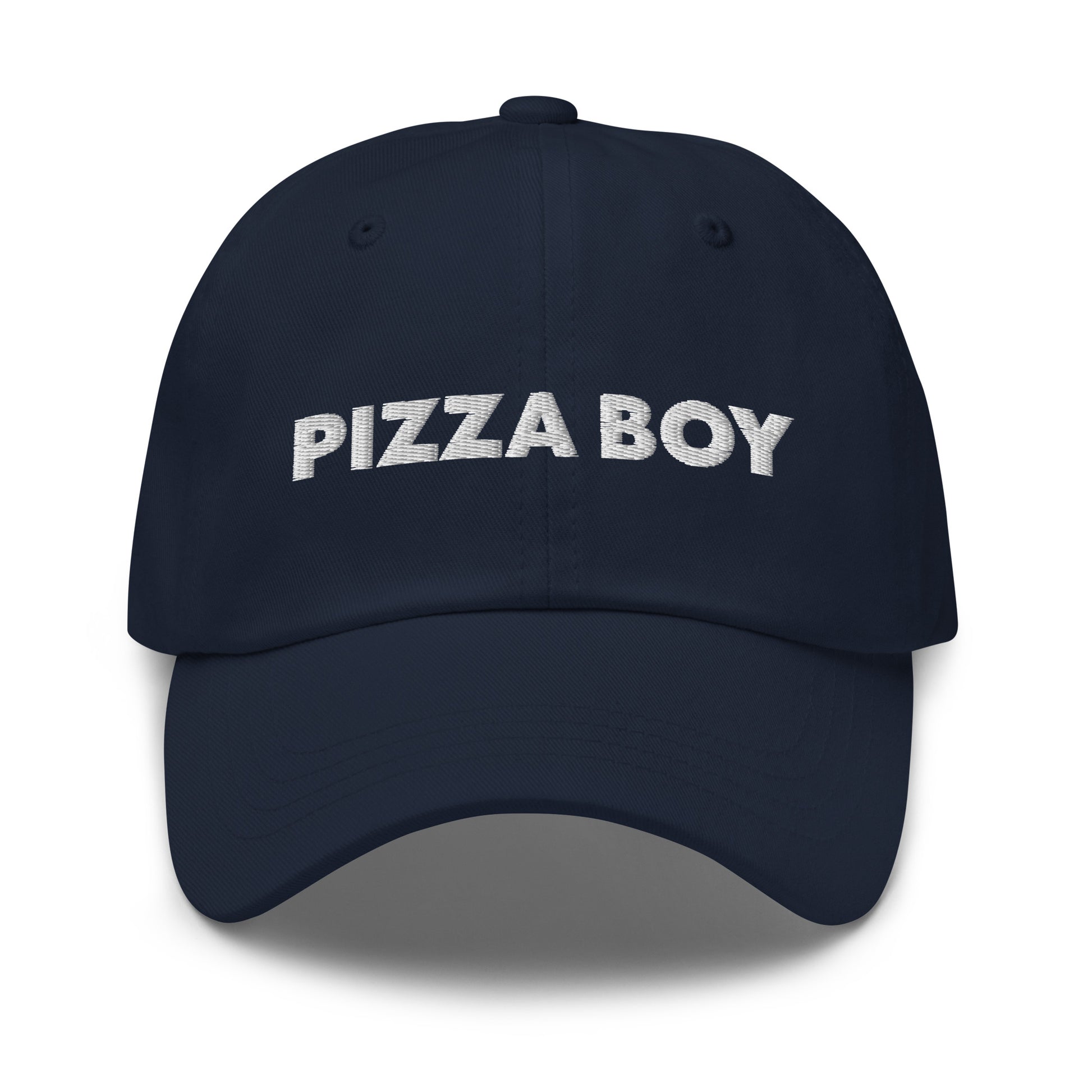 Navy Pizza Boy Hat - This Pizza Boy Hat is comfortable, comes in a variety of colors and is the perfect accessory for everyday wear. It's a classic cotton dad hat with an adjustable strap and the words "Pizza Boy", expertly embroidered on the front.