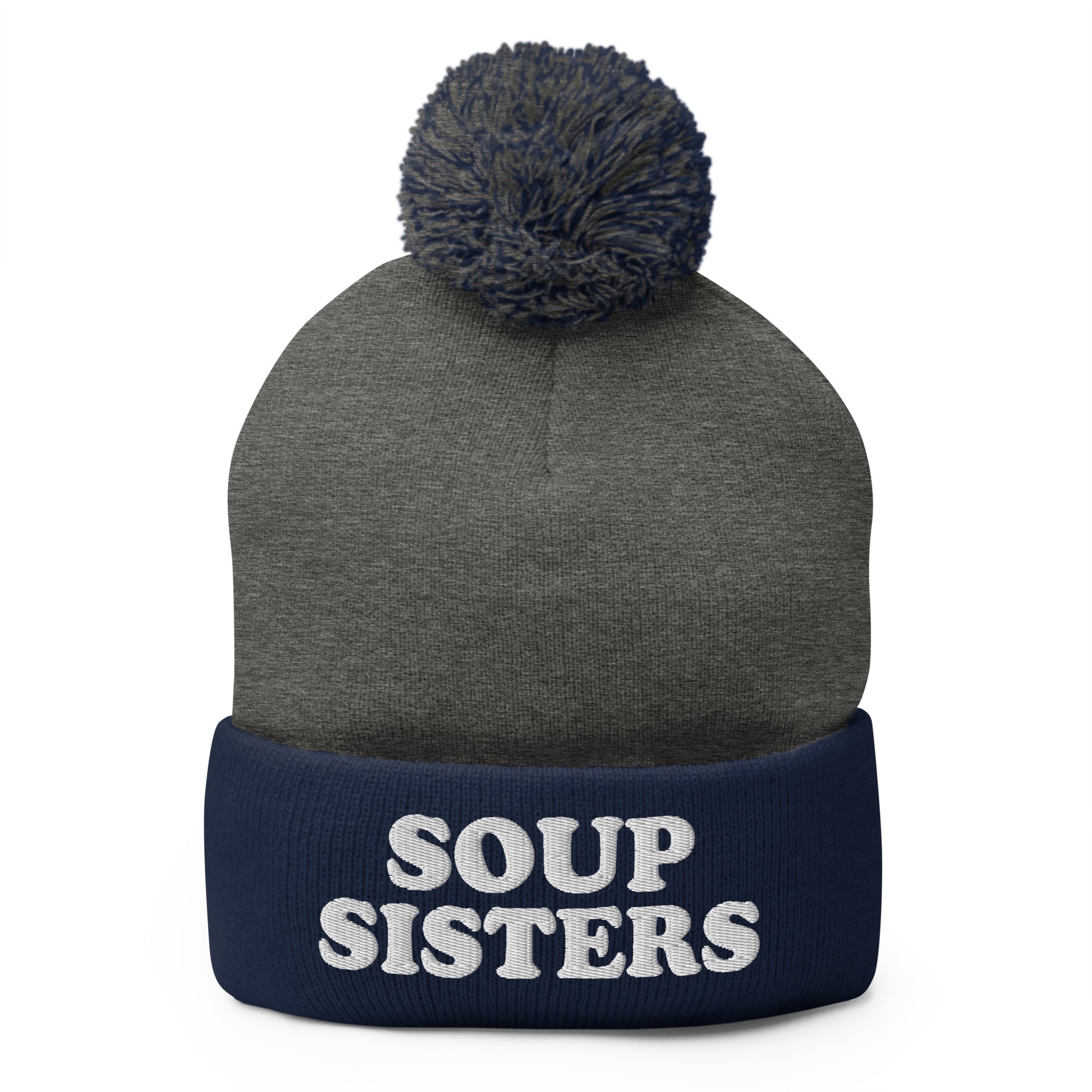 Navy and gray Soup Sisters Beanie - Are you a soup enthusiast? Looking for the perfect gift for a group of soup loving sisters? Our Soup Sisters Pom Pom Beanie is warm, comfortable and made just for you. It's a funny beanie for soup lovers, sisters and foodies of all kinds.
