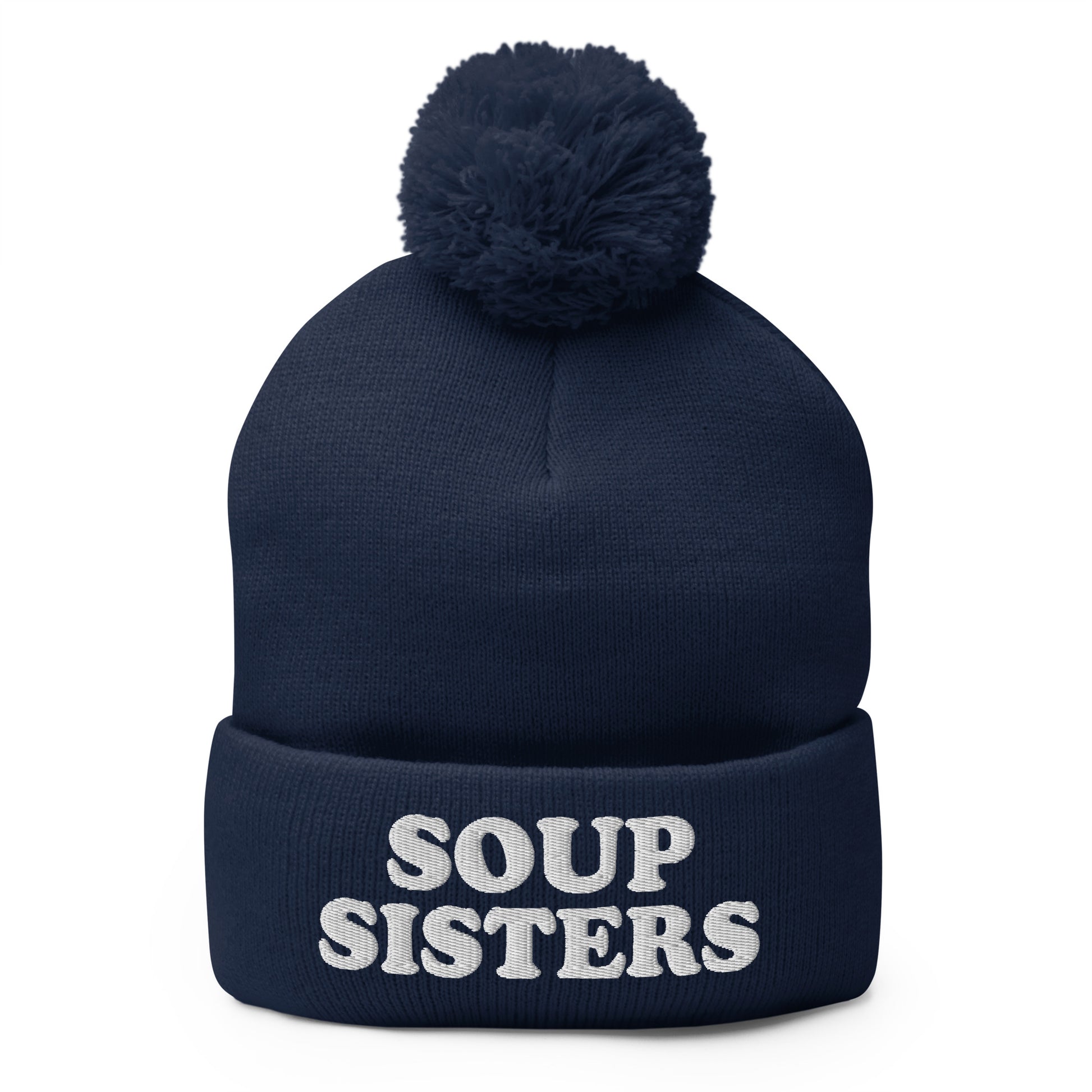 Navy Soup Sisters Beanie - Are you a soup enthusiast? Looking for the perfect gift for a group of soup loving sisters? Our Soup Sisters Pom Pom Beanie is warm, comfortable and made just for you. It's a funny beanie for soup lovers, sisters and foodies of all kinds.
