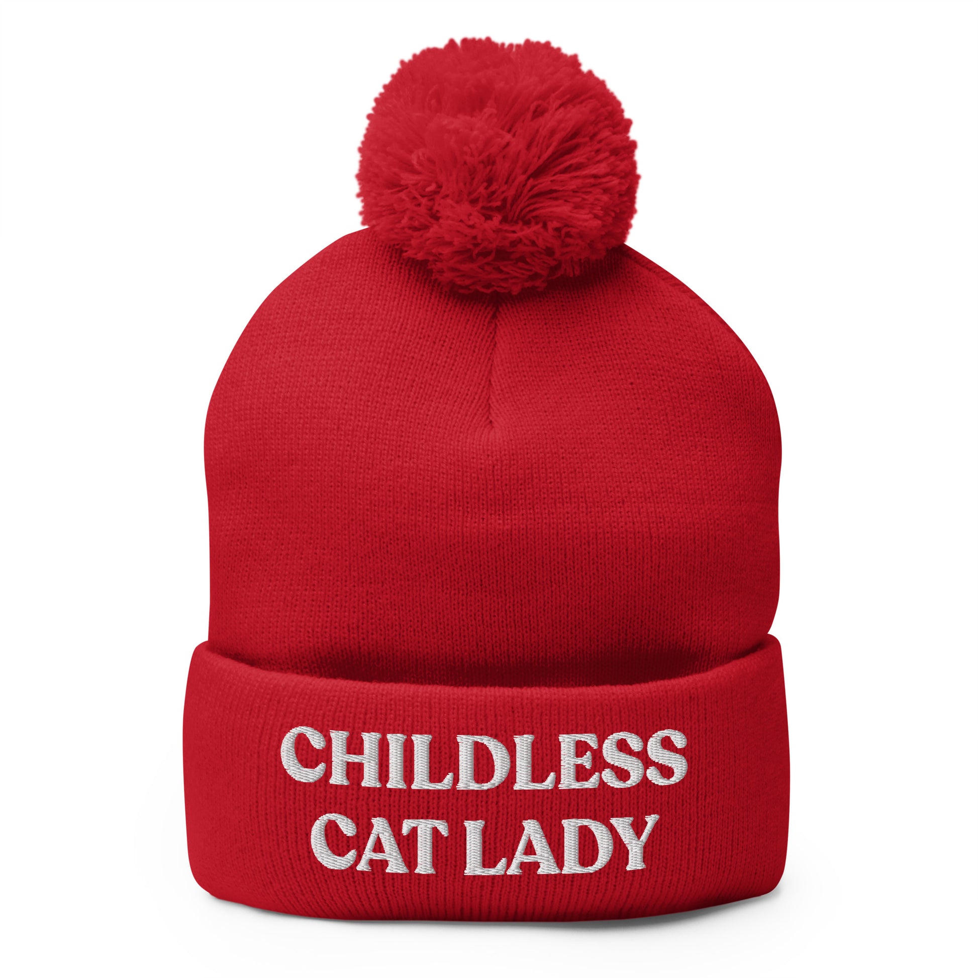 Red Childless Cat Lady Pom Pom Beanie