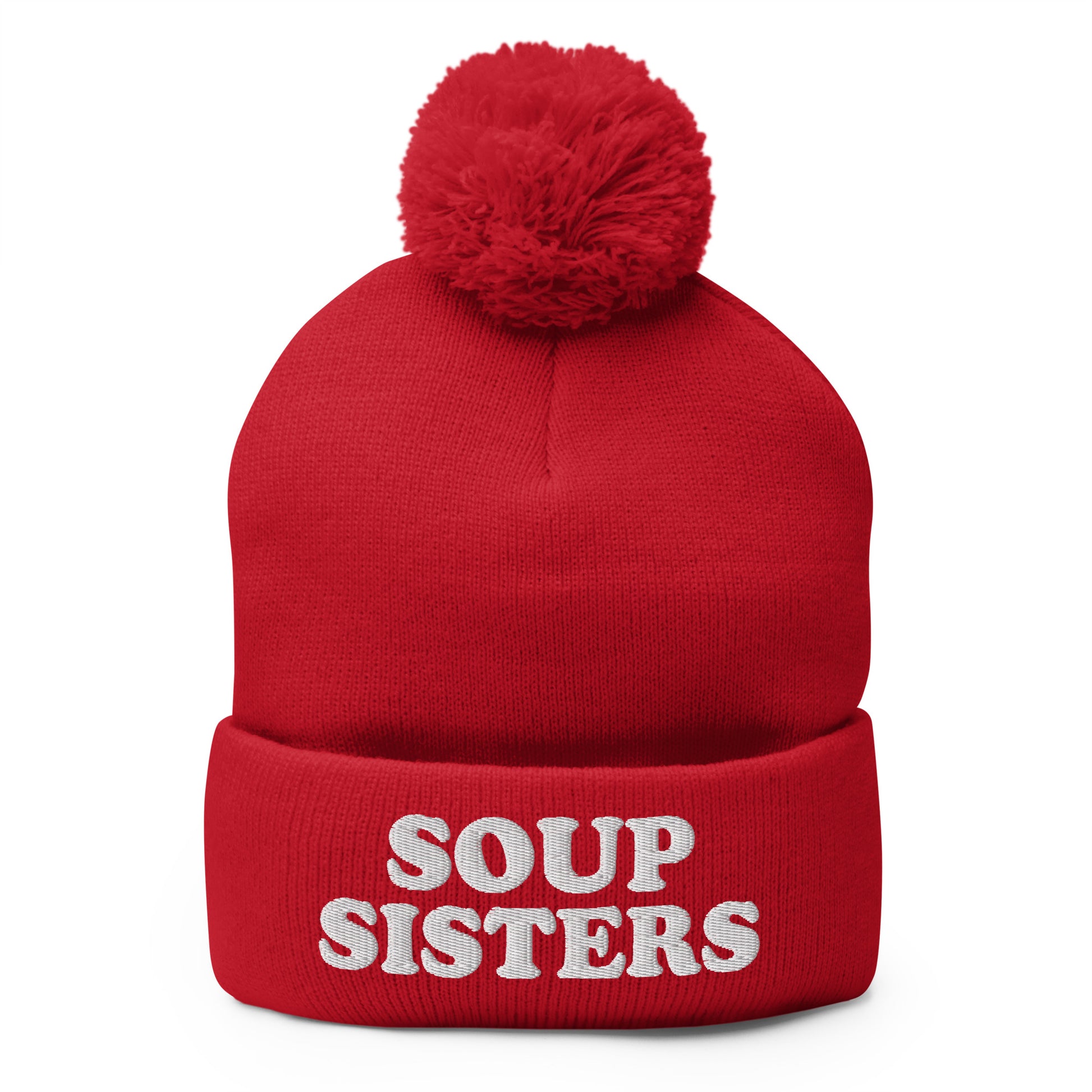 Red Soup Sisters Beanie - Are you a soup enthusiast? Looking for the perfect gift for a group of soup loving sisters? Our Soup Sisters Pom Pom Beanie is warm, comfortable and made just for you. It's a funny beanie for soup lovers, sisters and foodies of all kinds.

