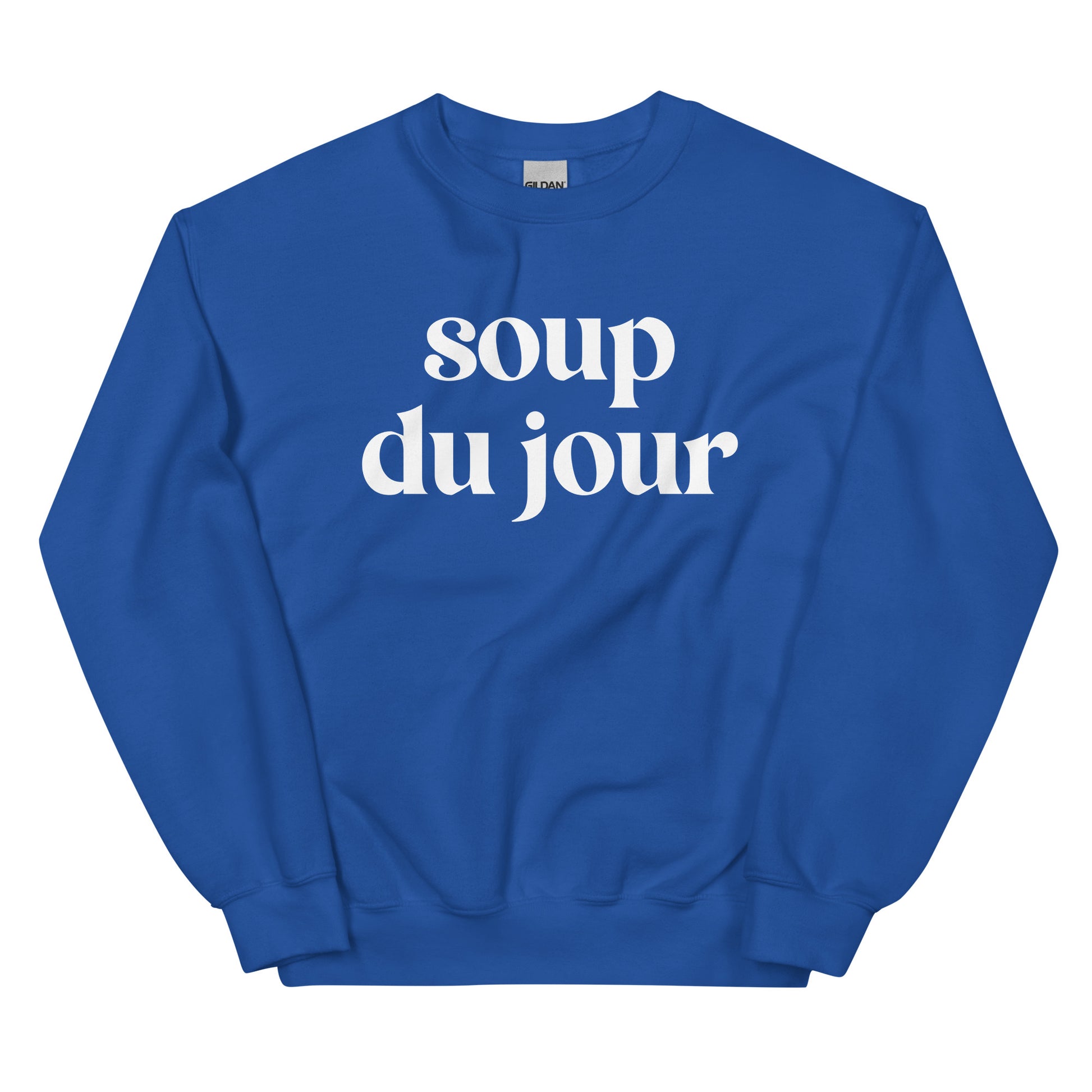 Royal Blue Soup Du Jour Sweatshirt - Love soup? Our Soup Du Jour Crewneck Sweatshirt is super soft, cozy and expertly printed just for you! Eat your favorite soup in this funny sweatshirt or give it as a gift for your favorite soup enthusiast. 
