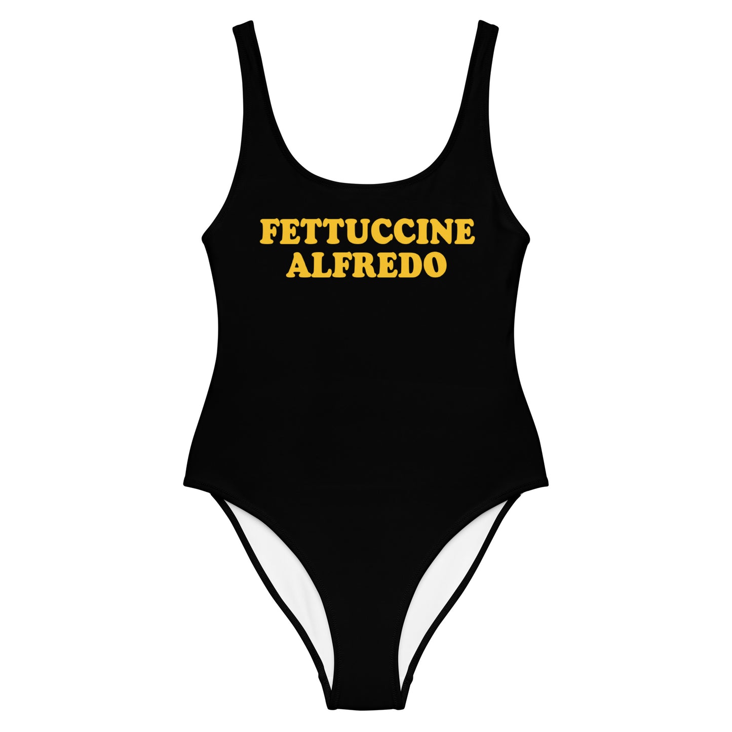 Black Fettuccine Alfredo Bathing suit - Love Fettuccine Alfredo? Looking for a classic one-piece bathing suit with a funny design for foodies? Our Fettuccine Alfredo bathing suit might be just for you! It has a flattering fit that's perfect for the pool, beach or boat this season or give it as a gift for a fettuccine enthusiast! 