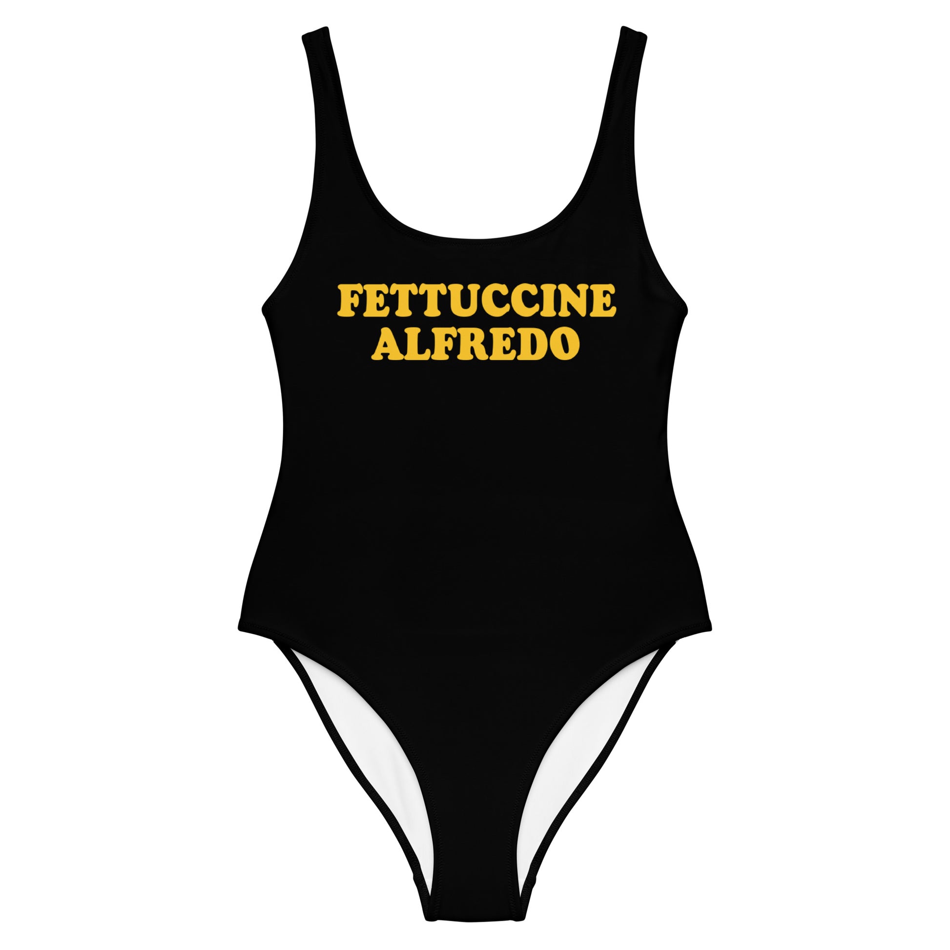 Black Fettuccine Alfredo Bathing suit - Love Fettuccine Alfredo? Looking for a classic one-piece bathing suit with a funny design for foodies? Our Fettuccine Alfredo bathing suit might be just for you! It has a flattering fit that's perfect for the pool, beach or boat this season or give it as a gift for a fettuccine enthusiast! 