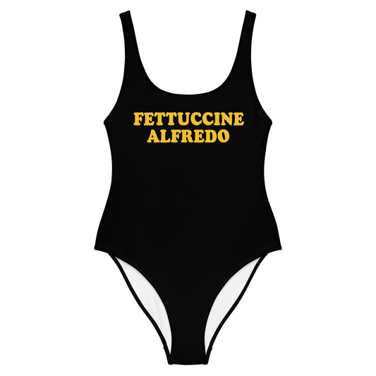 Black Fettuccine Alfredo Bathing suit - Love Fettuccine Alfredo? Looking for a classic one-piece bathing suit with a funny design for foodies? Our Fettuccine Alfredo bathing suit might be just for you! It has a flattering fit that's perfect for the pool, beach or boat this season or give it as a gift for a fettuccine enthusiast! 