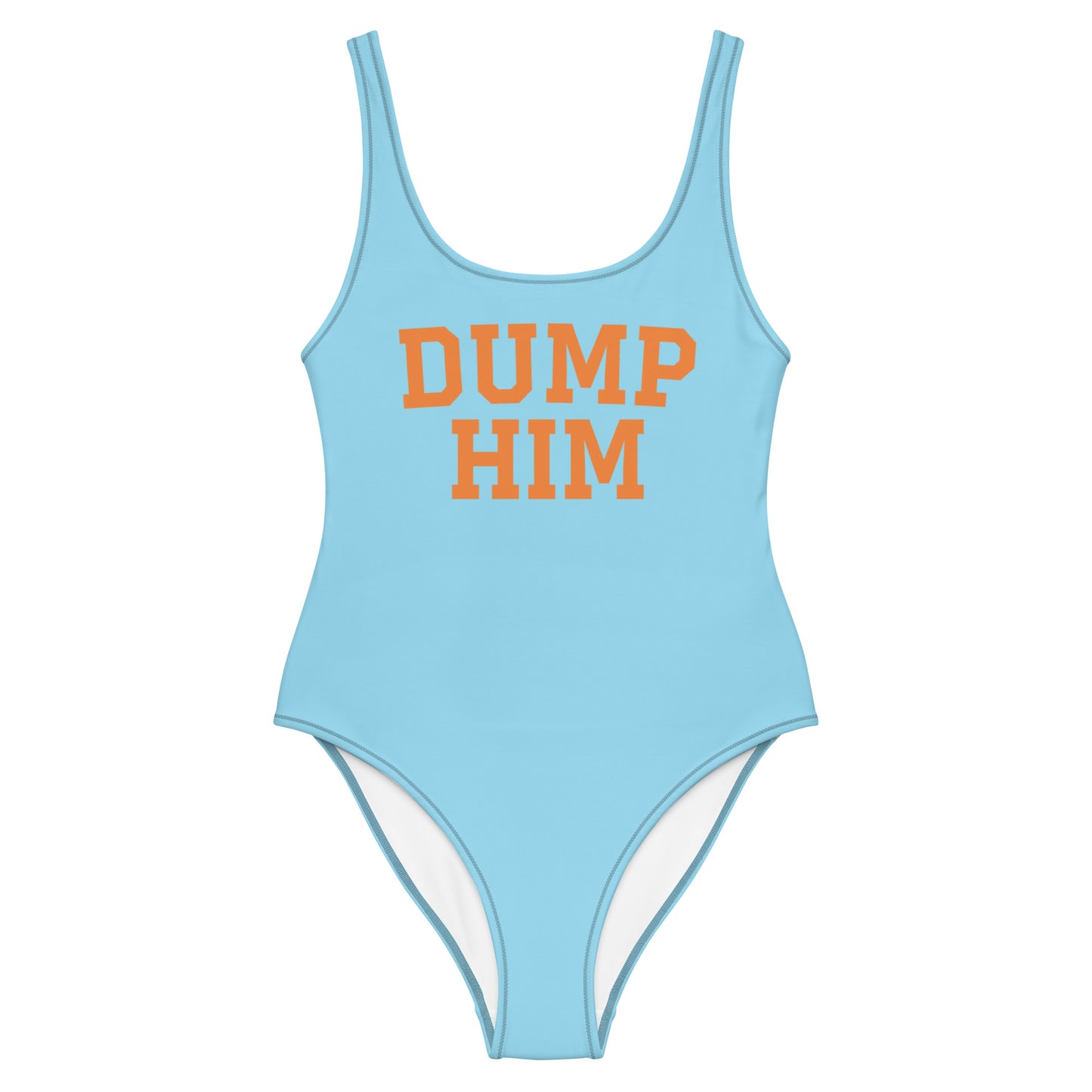 Blue one-piece dump him bathing suit - Make a statement in Our Dump Him Bathing Suit! It's a comfortable one piece with a flattering fit that's perfect for the pool, beach or boat this season! Looking for something personalized? Shoot us a message! 