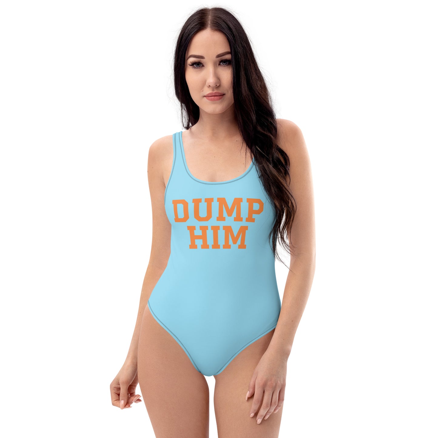 Blue one-piece dump him bathing suit - Make a statement in Our Dump Him Bathing Suit! It's a comfortable one piece with a flattering fit that's perfect for the pool, beach or boat this season! Looking for something personalized? Shoot us a message!