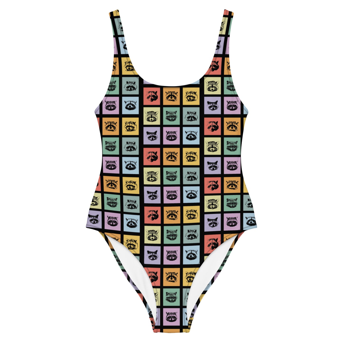 Colorful Raccoon Bathing Suit - Love raccoons? Our funky raccoon bathing suit has a flattering fit and a colorful and unique raccoon design. The perfect one-piece for the pool, beach or boat this season!