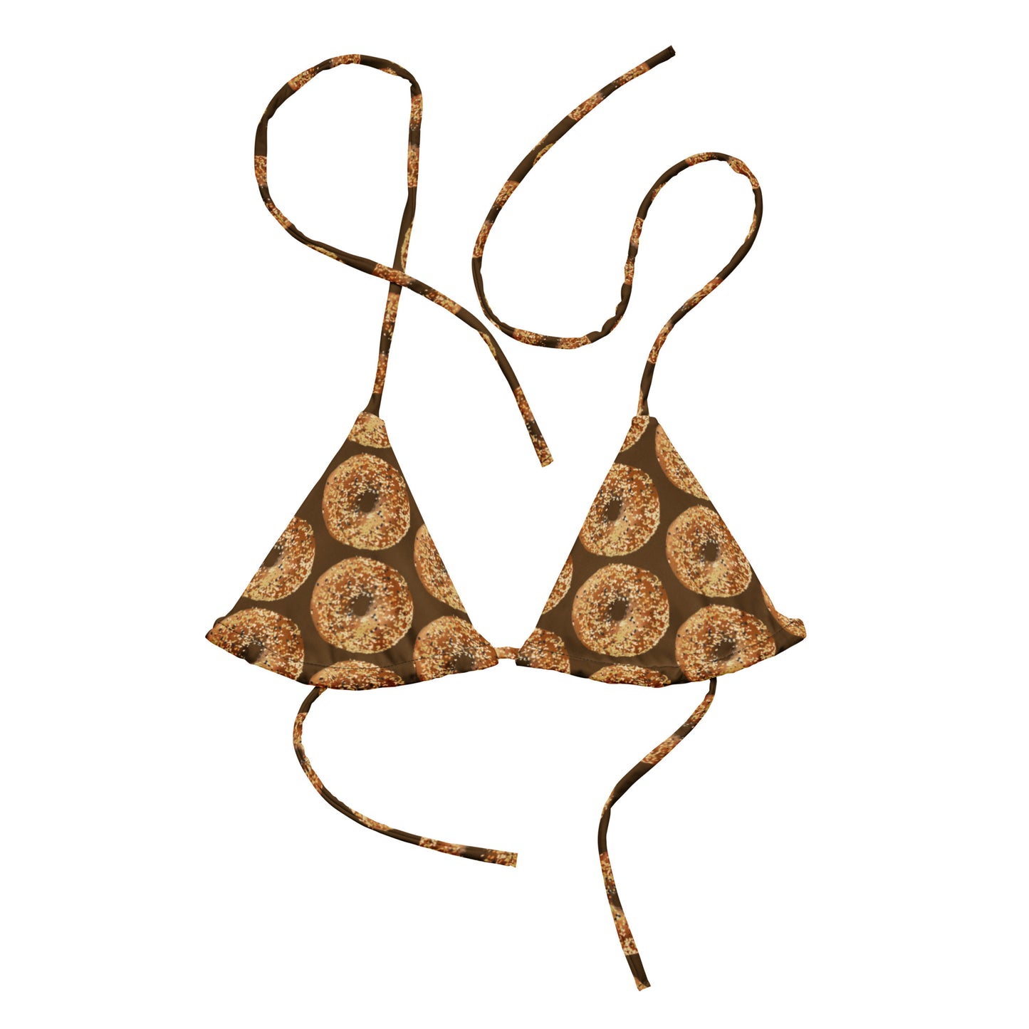 Brown Bikini Top With Bagel Design - Love bagels? Show off all summer in our eco-friendly, padded brown Bikini Top with a bagel design. It's made from recycled polyester, with UPF 50+ and versatile, stretchy straps. Eat your favorite bagels and lounge by the water. This funny bagels bikini top is unique and made just for you! 