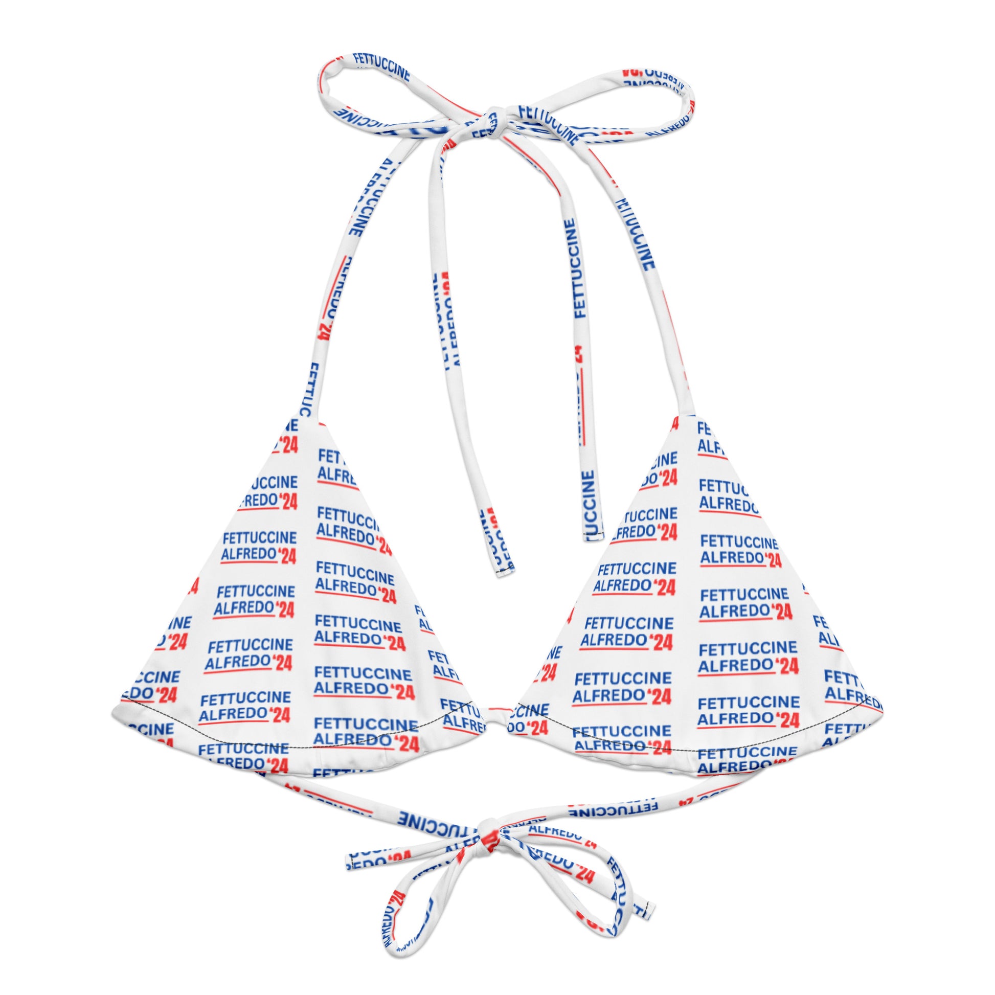 Red White and blue Fettuccine Alfredo Bikini Top - Love Fettuccine Alfredo? Show off all summer in our eco-friendly, padded red, white and blue bikini top with a funny election design. Our Fettuccine Alfredo Bikini is made from recycled polyester, with UPF 50+ and versatile, stretchy straps. This funny election bikini top is sure to turn heads and have people asking, "Where'd you get that??"