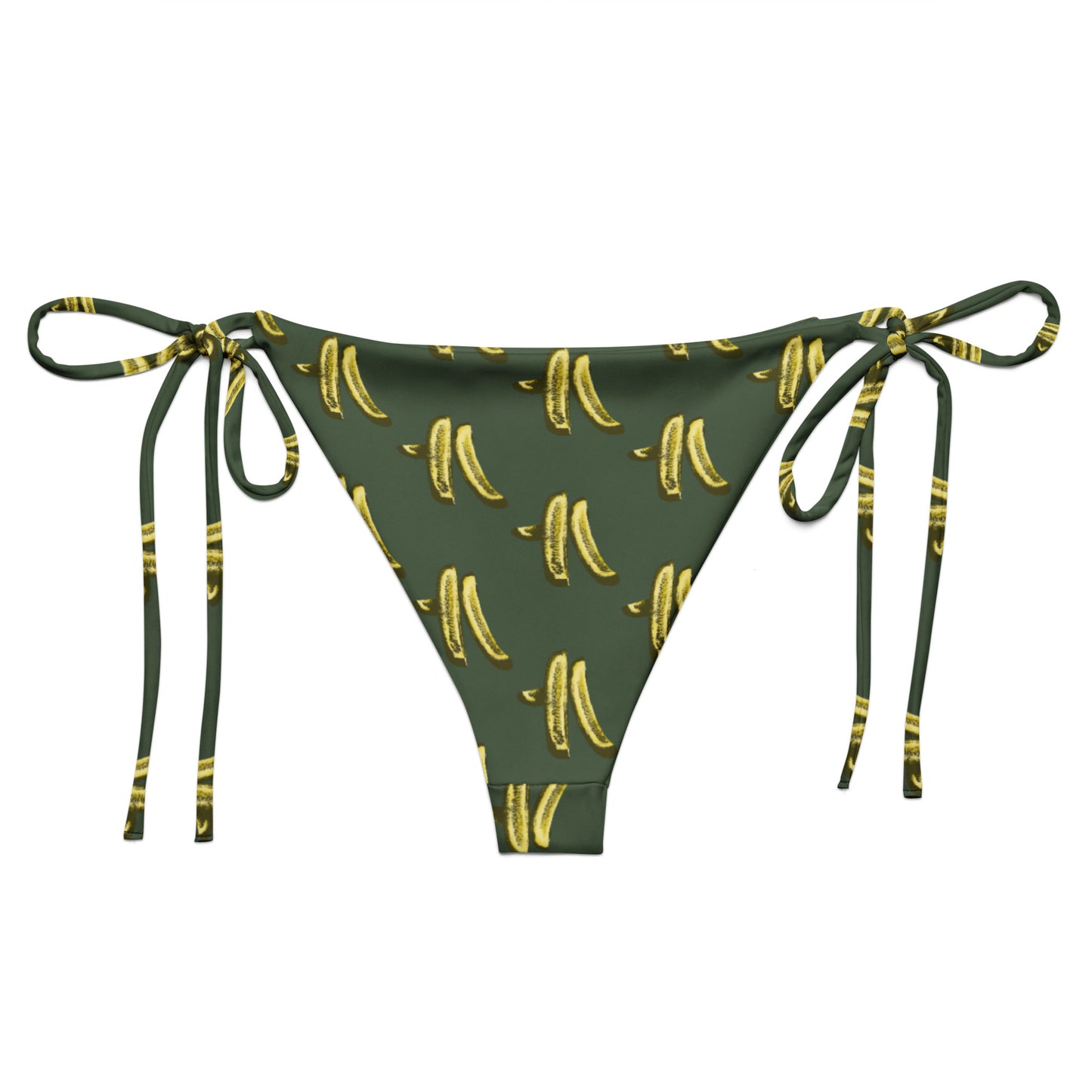 Green Pickles Bikini - Did someone say pickles? This summer, sit back and relax by the water in our Recycled String Bikini Bottom with a pickles design. It's made of soft, stretchy recycled polyester with UPF 50+. Our unique pickles bikini is just what every pickle enthusiast needs!