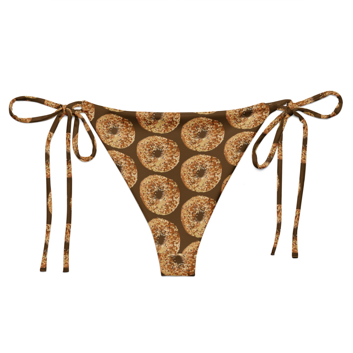 Brown Bikini Botton with Bagels Design - Love bagels? Looking for your new favorite bikini? This summer, sit back and relax by the poolside wearing this unique and funny string bikini with a bagel design. It's made of soft and stretchy recycled polyester piece with UPF 50+. Perfect for the beach, the pool and everything in between, or a gift for a bagel enthusiast.