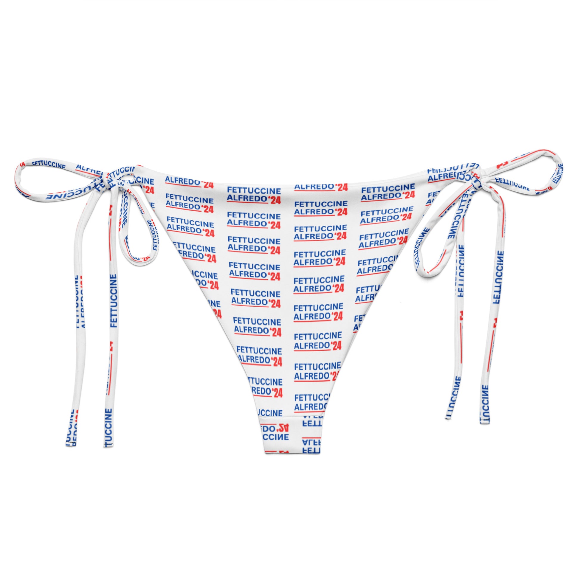 Red white and blue Fettuccine Alfredo bikini made of eco friendly, recycled fabric - Fettuccine Alfredo 2024! Looking for your new favorite bikini? Sit back and relax by the poolside wearing this classic string bikini with a red, white and blue, sarcastic election design. Our Fettuccine Alfredo Bikini is made of soft and stretchy recycled polyester piece with UPF 50+. Perfect for the beach, the pool and everything in between, or a funny gift for this election season!