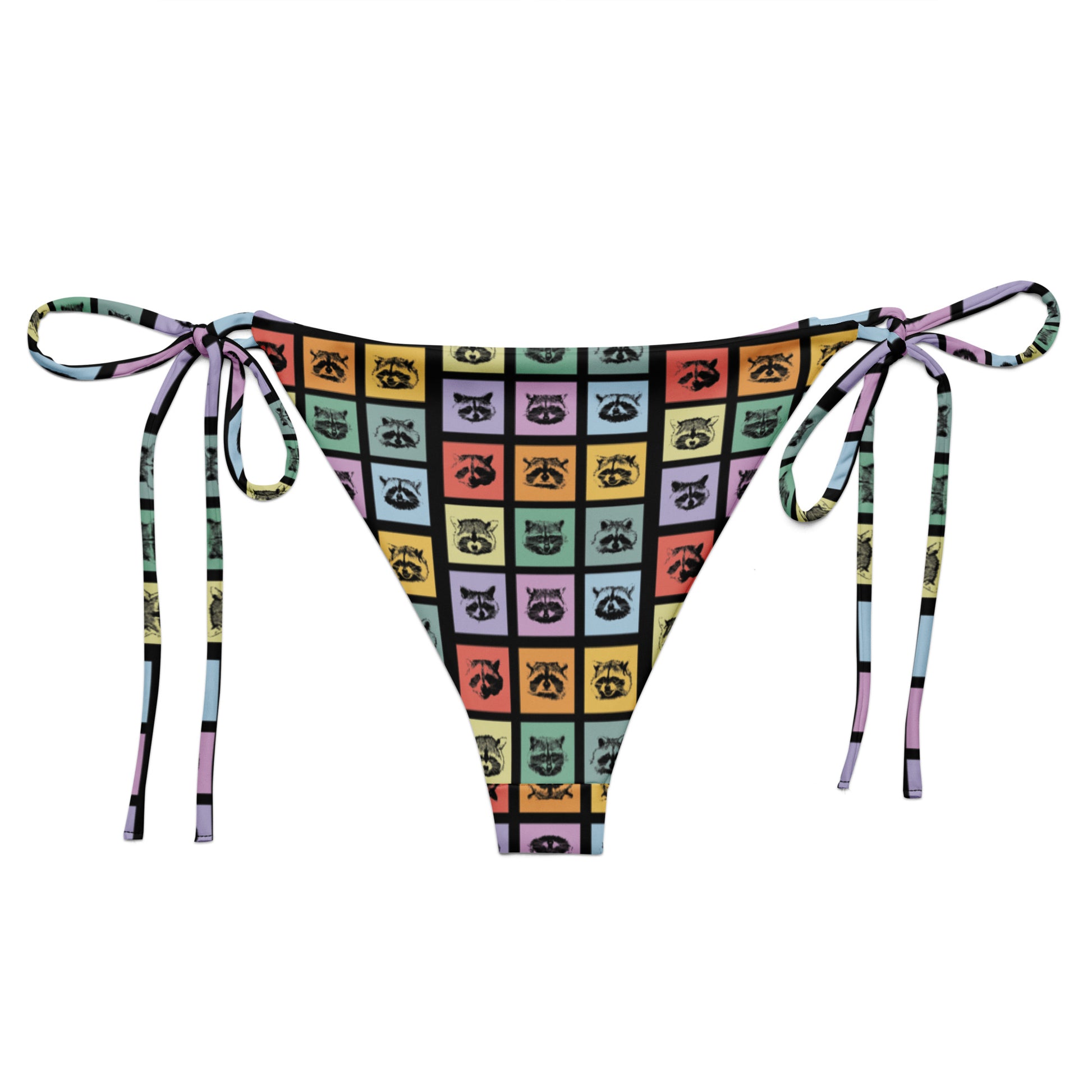 Love raccoons? Looking for your new favorite eco friendly bikini? Sit back and relax by the poolside wearing this classic string bikini with a colorful raccoon design. Our raccoon bikini is made of soft and stretchy recycled polyester with UPF 50+. Perfect for the beach, the pool and everything in between, or a funny gift for a raccoon enthusiast! 