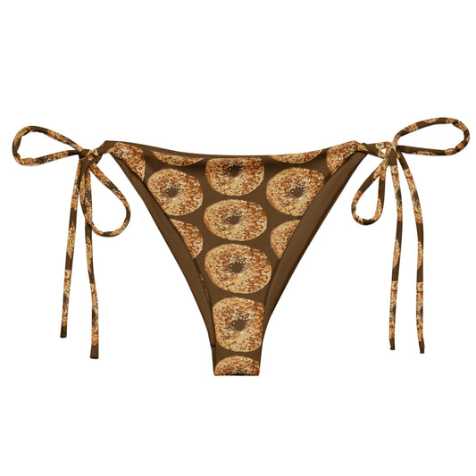 Brown Bikini Botton with Bagels Design - Love bagels? Looking for your new favorite bikini? This summer, sit back and relax by the poolside wearing this unique and funny string bikini with a bagel design. It's made of soft and stretchy recycled polyester piece with UPF 50+. Perfect for the beach, the pool and everything in between, or a gift for a bagel enthusiast. 