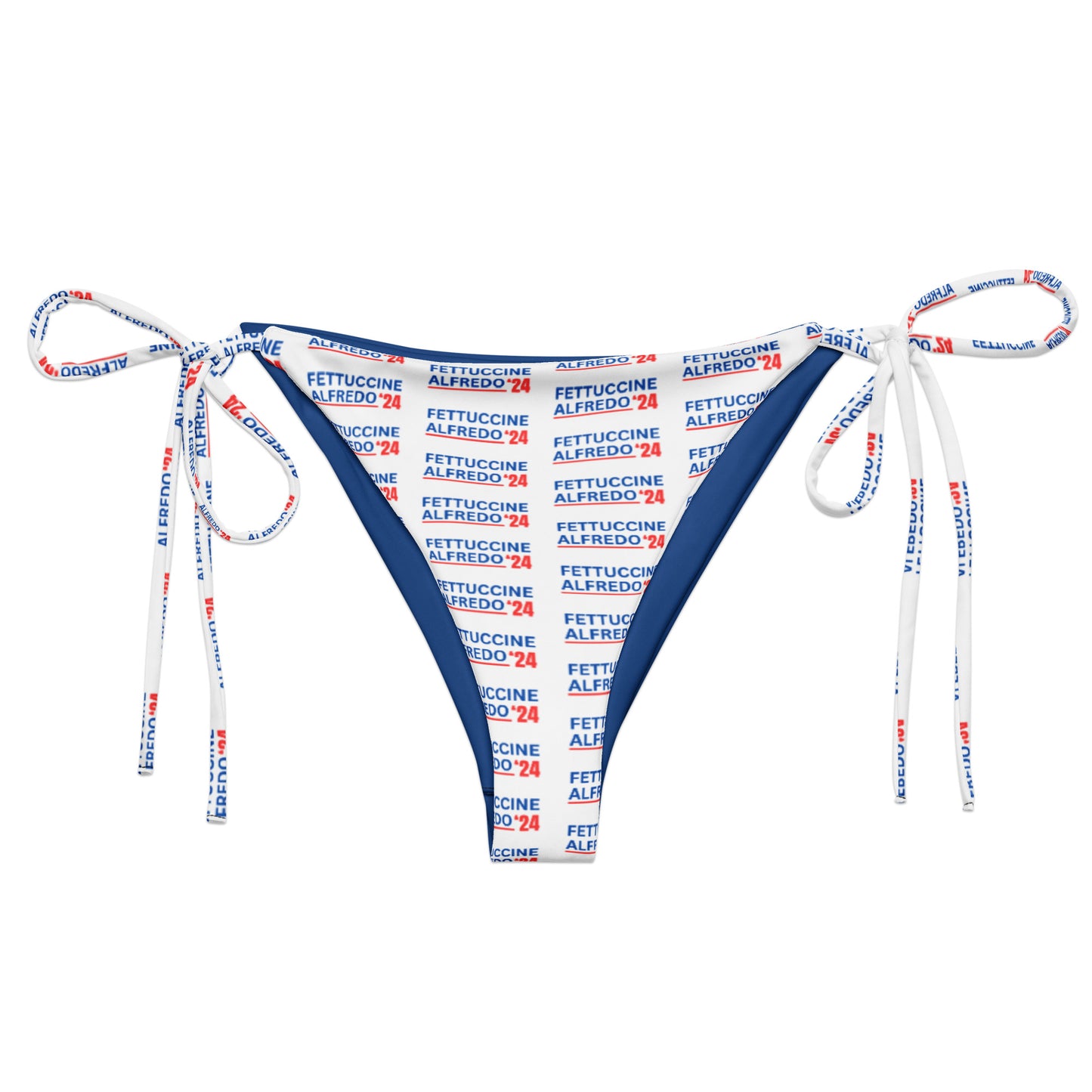 Red white and blue Fettuccine Alfredo bikini made of eco friendly, recycled fabric - Fettuccine Alfredo 2024! Looking for your new favorite bikini? Sit back and relax by the poolside wearing this classic string bikini with a red, white and blue, sarcastic election design. Our Fettuccine Alfredo Bikini is made of soft and stretchy recycled polyester piece with UPF 50+. Perfect for the beach, the pool and everything in between, or a funny gift for this election season!  