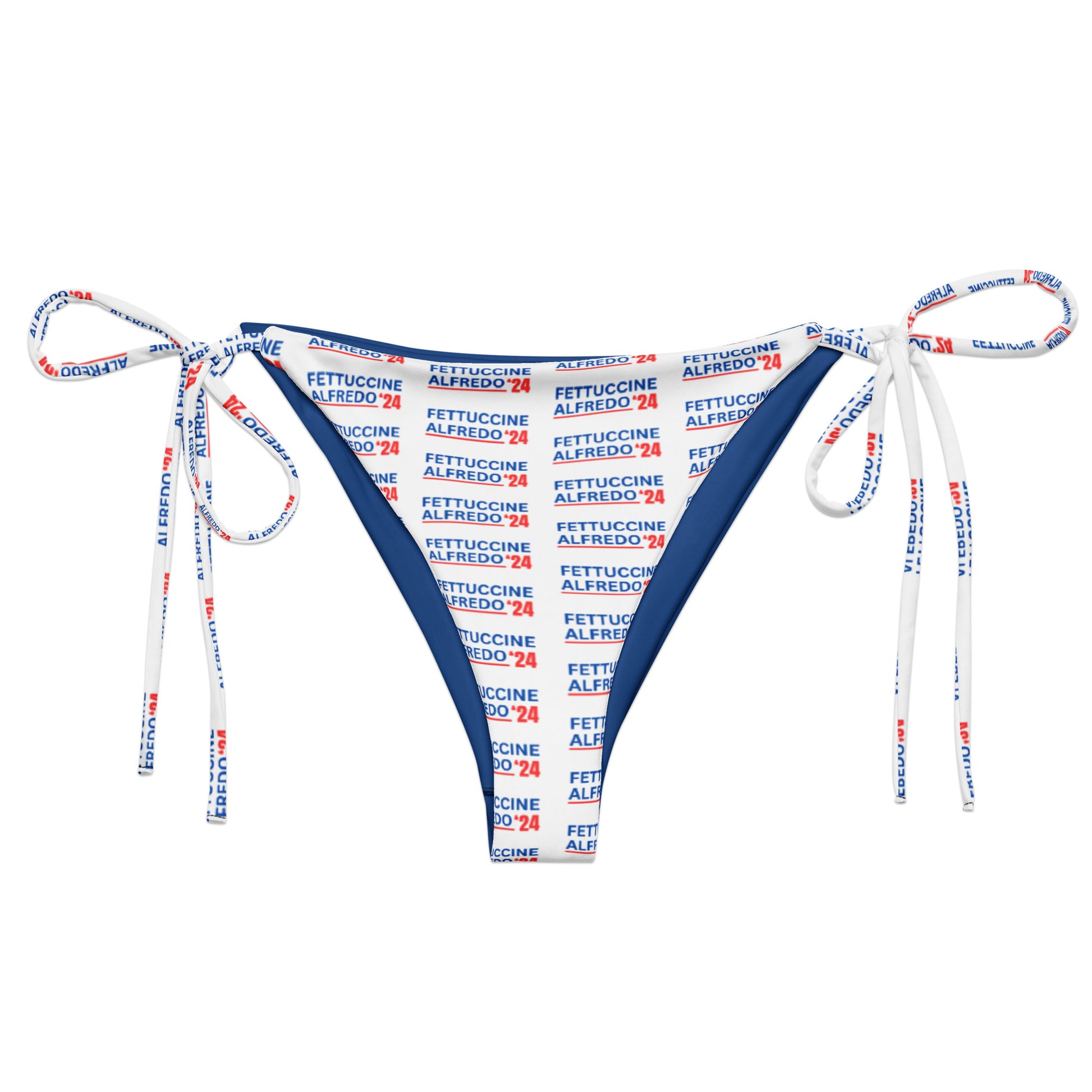 Red white and blue Fettuccine Alfredo bikini made of eco friendly, recycled fabric - Fettuccine Alfredo 2024! Looking for your new favorite bikini? Sit back and relax by the poolside wearing this classic string bikini with a red, white and blue, sarcastic election design. Our Fettuccine Alfredo Bikini is made of soft and stretchy recycled polyester piece with UPF 50+. Perfect for the beach, the pool and everything in between, or a funny gift for this election season!  