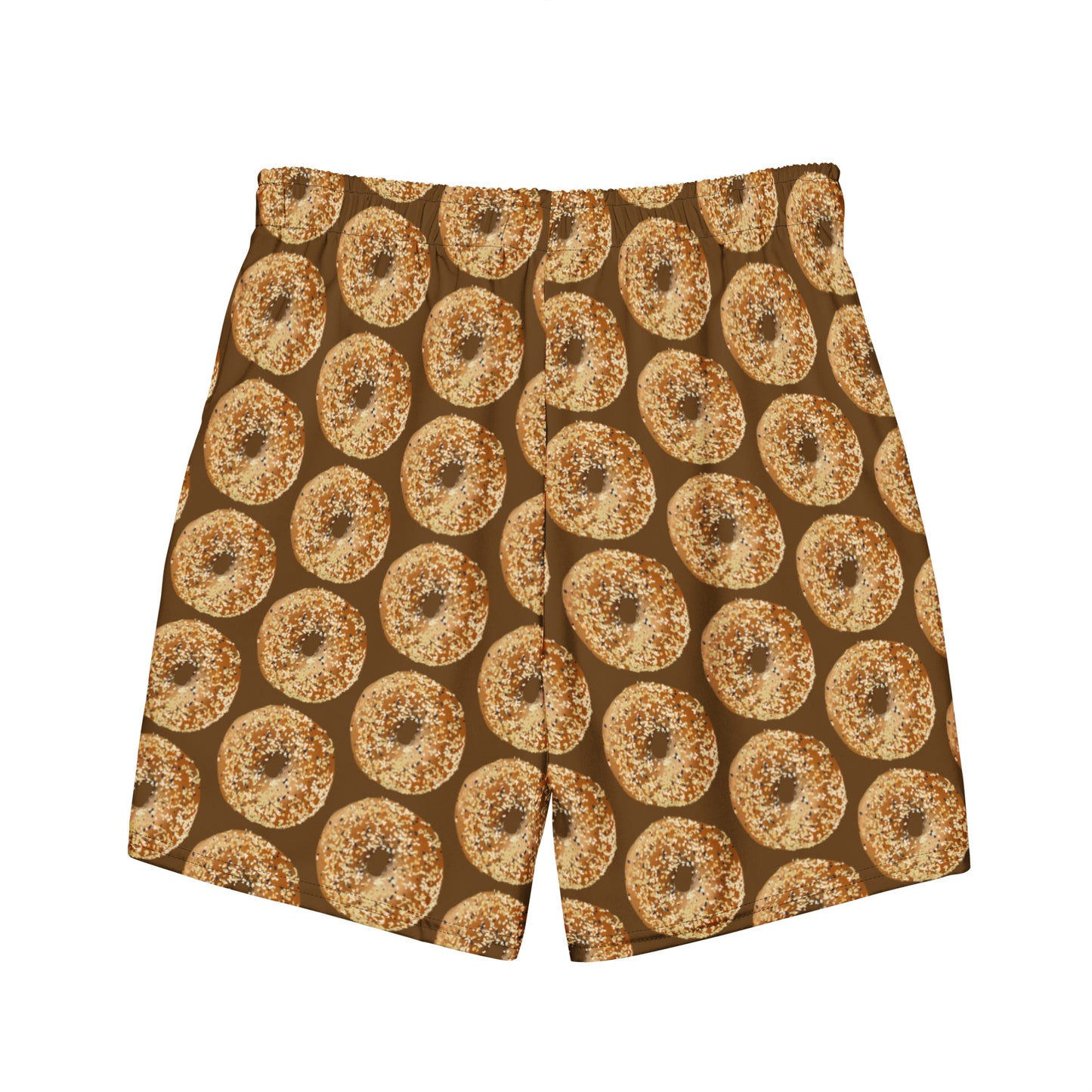 Brown Men's Swim Trunks With Everything Bagel Design  - Love bagels? Looking for a gift for an everything bagel enthusiast? Our everything bagel swim trunks are just what you need for the pool, beach, and everything in between —they’re quick-drying and breathable, have multiple pockets, and a silky, anti-chafe inner liner. Eat your favorite bagels in these funny swim shorts. With their unique everything bagel design, they're sure to make a statement. 