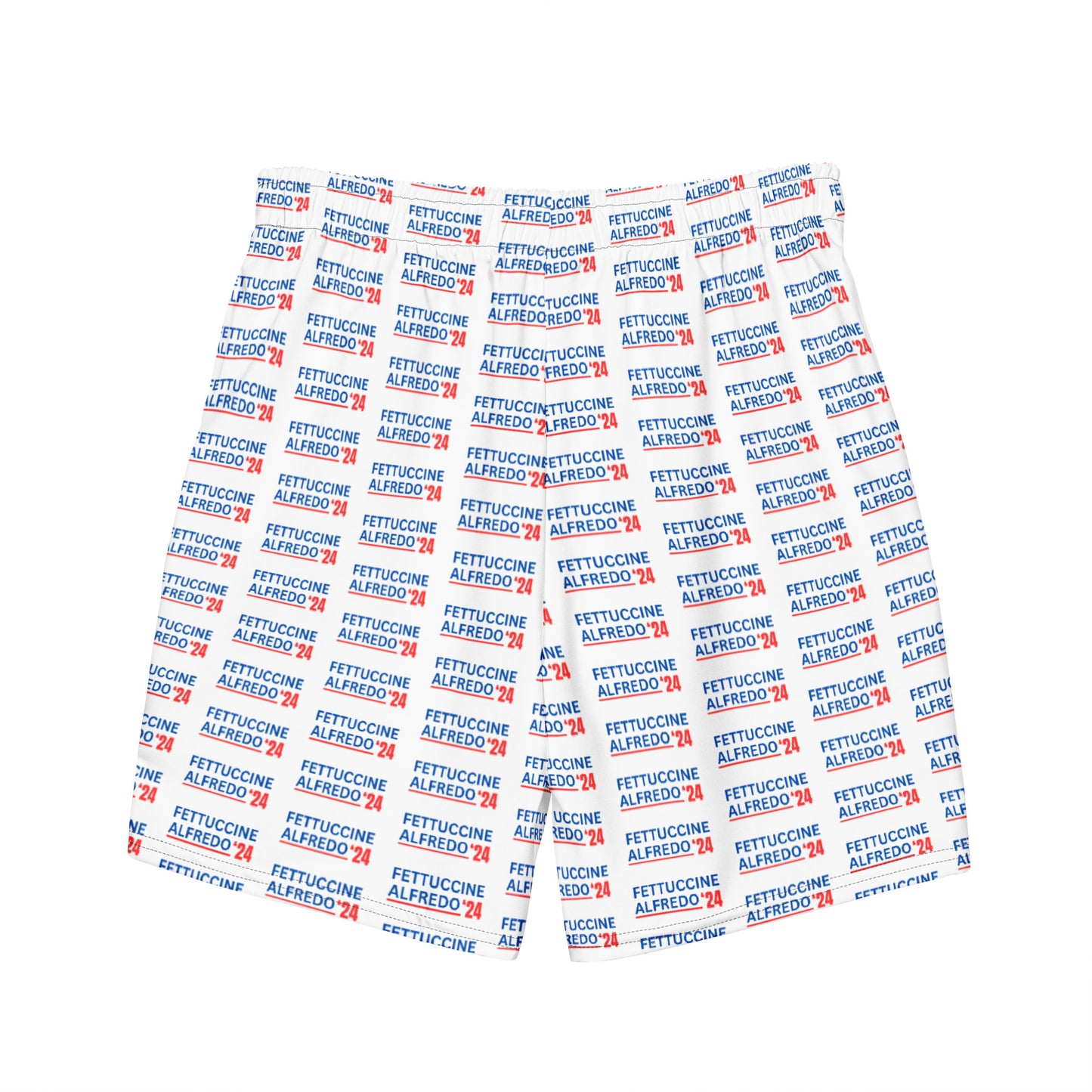 Fettuccine Alfredo Bathing Suit - Our Fettuccine Alfredo swim trunks are just what you need this election year. Unique swimming shorts for the pool, beach, and everything in between —they’re quick-drying and breathable, have multiple pockets, and a silky, anti-chafe inner liner. The funny red, white and blue design is funny and made just for you.