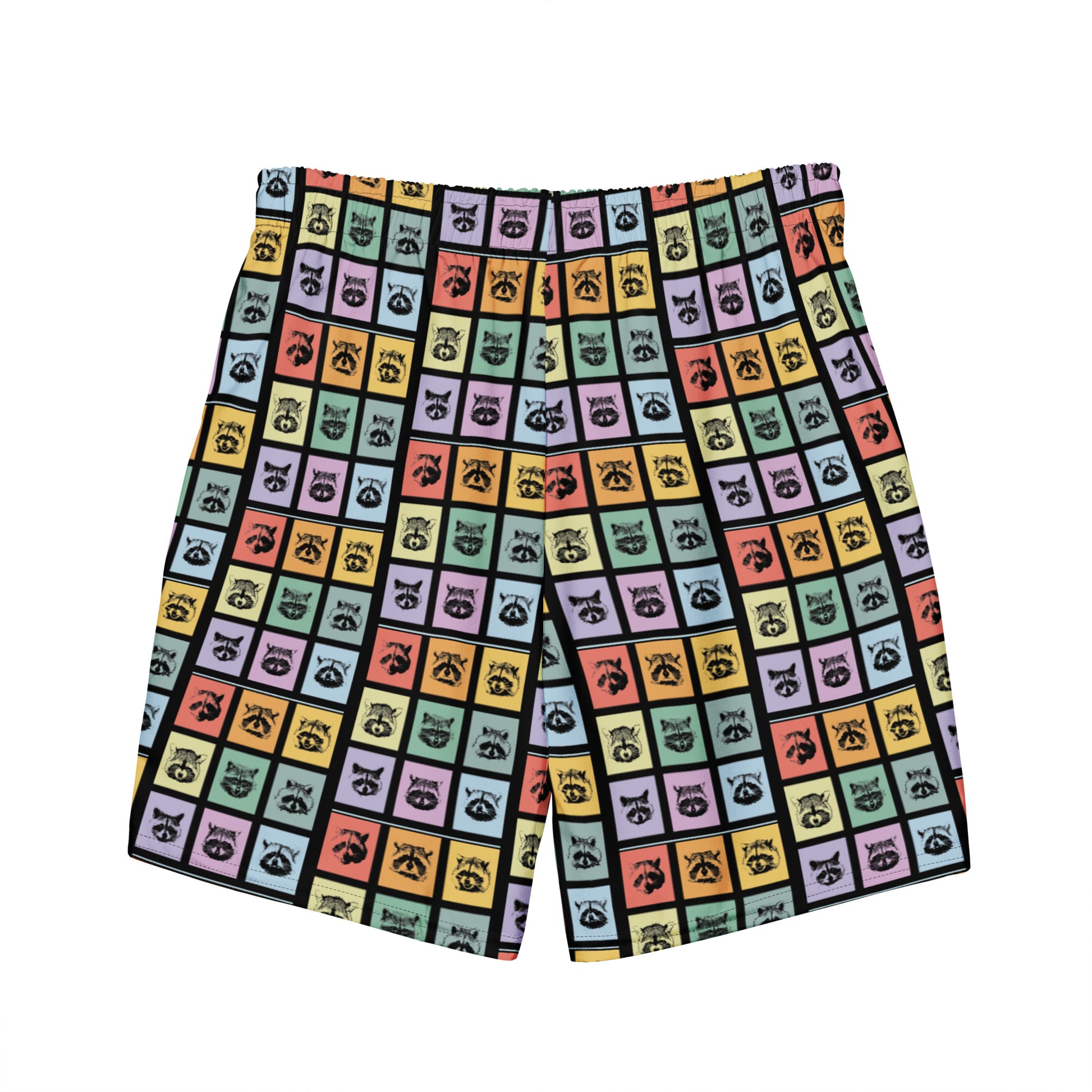 Raccoon Bathing Suit - Love raccoons? Looking for a gift for a raccoon enthusiast? Our Colorful Raccoons Bathing Suit is just what you need. They're unique and funny swimming shorts for the pool, beach, and everything in between. They have quick-drying and breathable material, multiple pockets, and a silky, anti-chafe inner liner