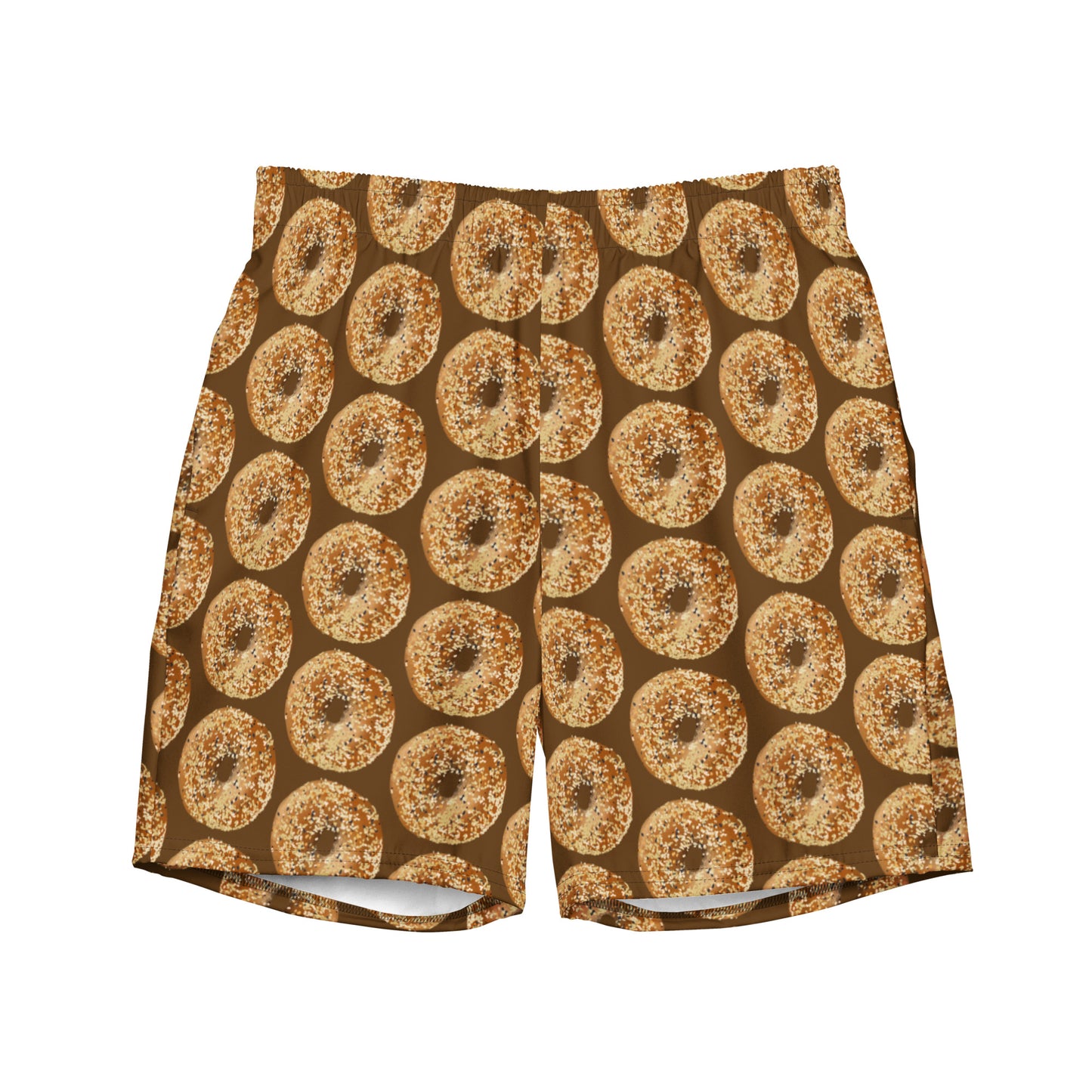 Brown Men's Bathing Suit with Everything Bagel Design - Love bagels? Looking for a gift for an everything bagel enthusiast? Our everything bagel swim trunks are just what you need for the pool, beach, and everything in between —they’re quick-drying and breathable, have multiple pockets, and a silky, anti-chafe inner liner. Eat your favorite bagels in these funny swim shorts. With their unique everything bagel design, they're sure to make a statement. 