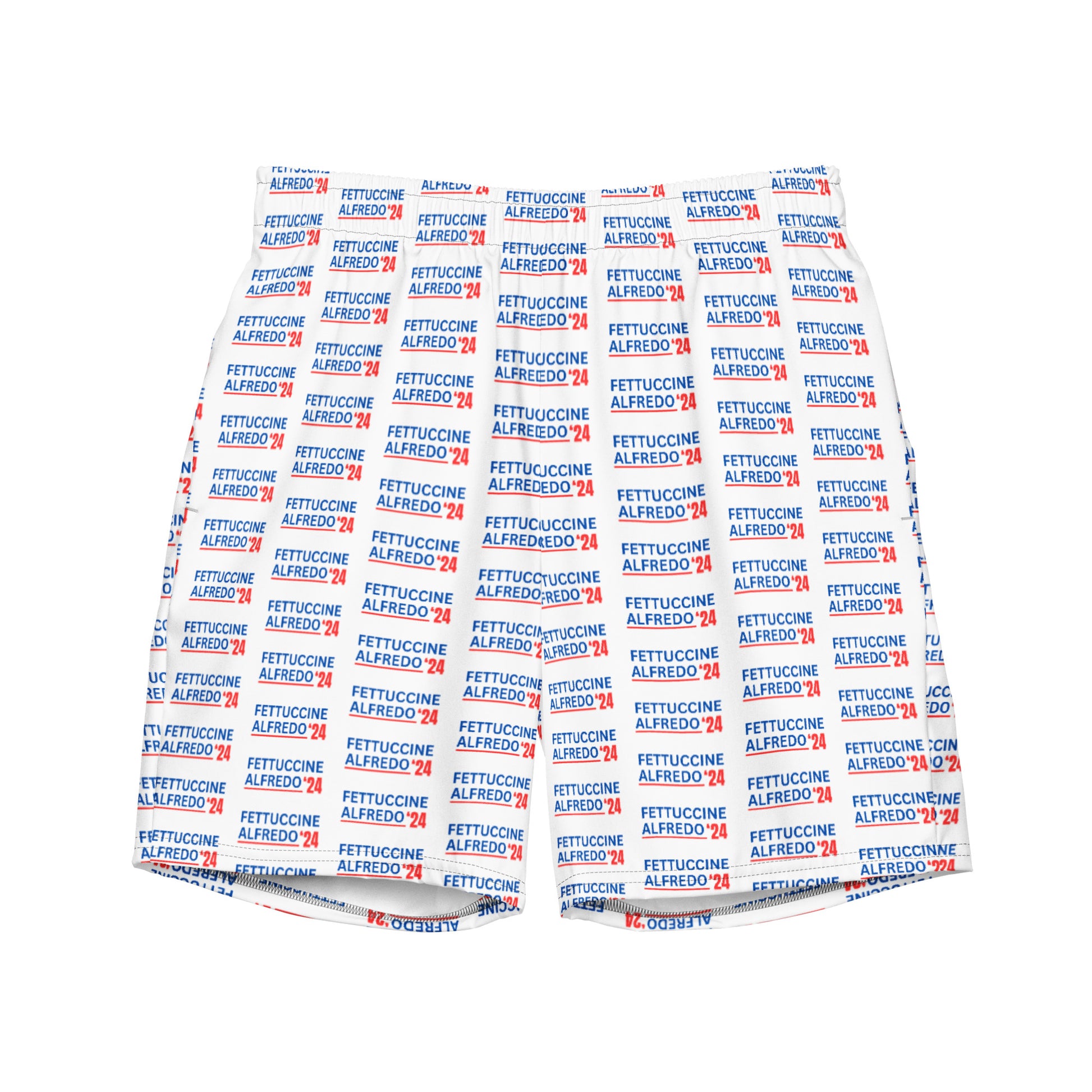 Fettuccine Alfredo Bathing Suit - Our Fettuccine Alfredo swim trunks are just what you need this election year. Unique swimming shorts for the pool, beach, and everything in between —they’re quick-drying and breathable, have multiple pockets, and a silky, anti-chafe inner liner. The funny red, white and blue design is funny and made just for you.