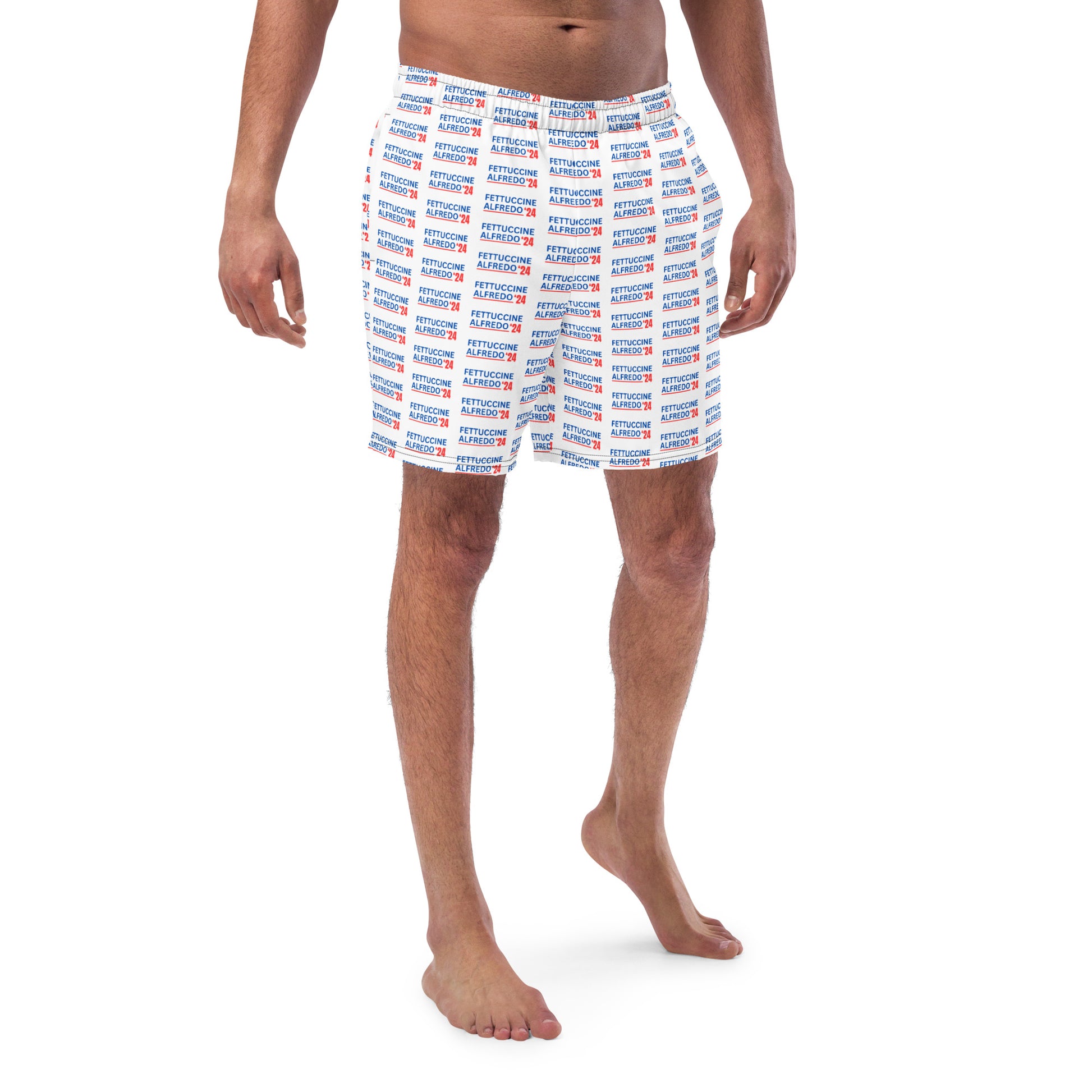 Fettuccine Alfredo Bathing Suit - Our Fettuccine Alfredo swim trunks are just what you need this election year. Unique swimming shorts for the pool, beach, and everything in between —they’re quick-drying and breathable, have multiple pockets, and a silky, anti-chafe inner liner. The funny red, white and blue design is funny and made just for you.