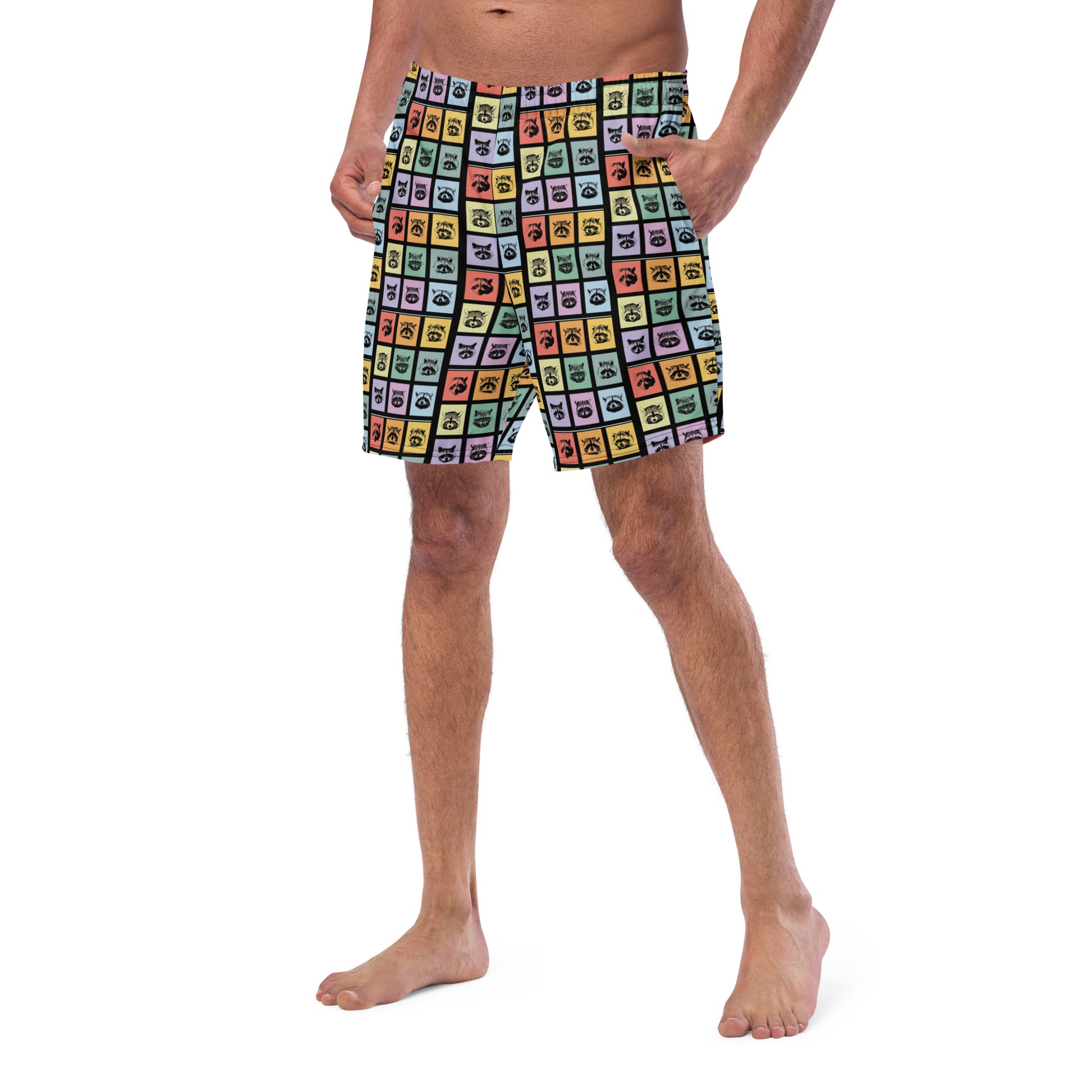 Raccoon Bathing Suit - Love raccoons? Looking for a gift for a raccoon enthusiast? Our Colorful Raccoons Bathing Suit is just what you need. They're unique and funny swimming shorts for the pool, beach, and everything in between. They have quick-drying and breathable material, multiple pockets, and a silky, anti-chafe inner liner