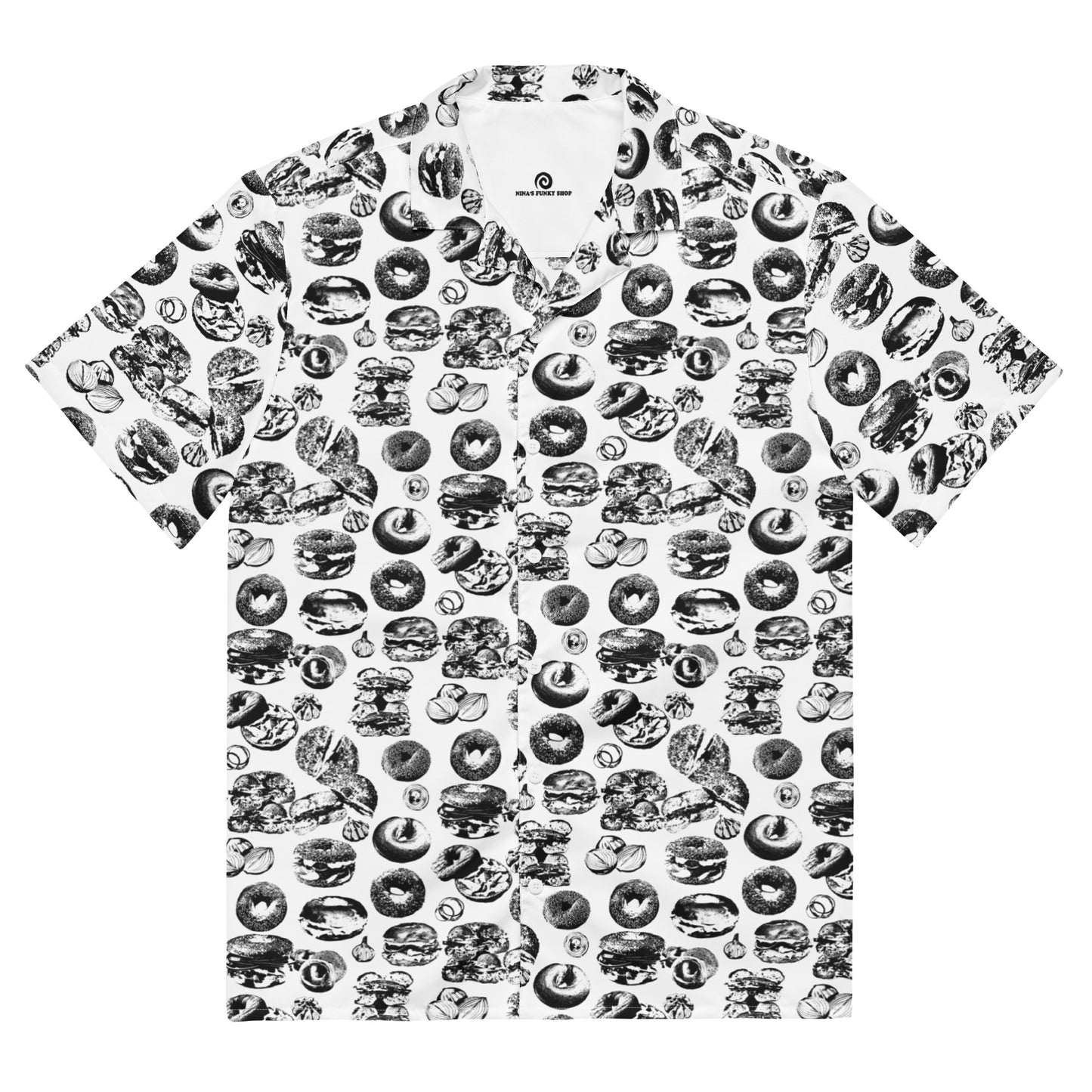 Black and White Bagels, garlic and onion button up - Love bagels? Introducing our So Many Bagels Button Up Collared Shirt! It's made of lightweight material with a funky black and white bagel pattern. Looking for something personalized? Shoot us a message! 