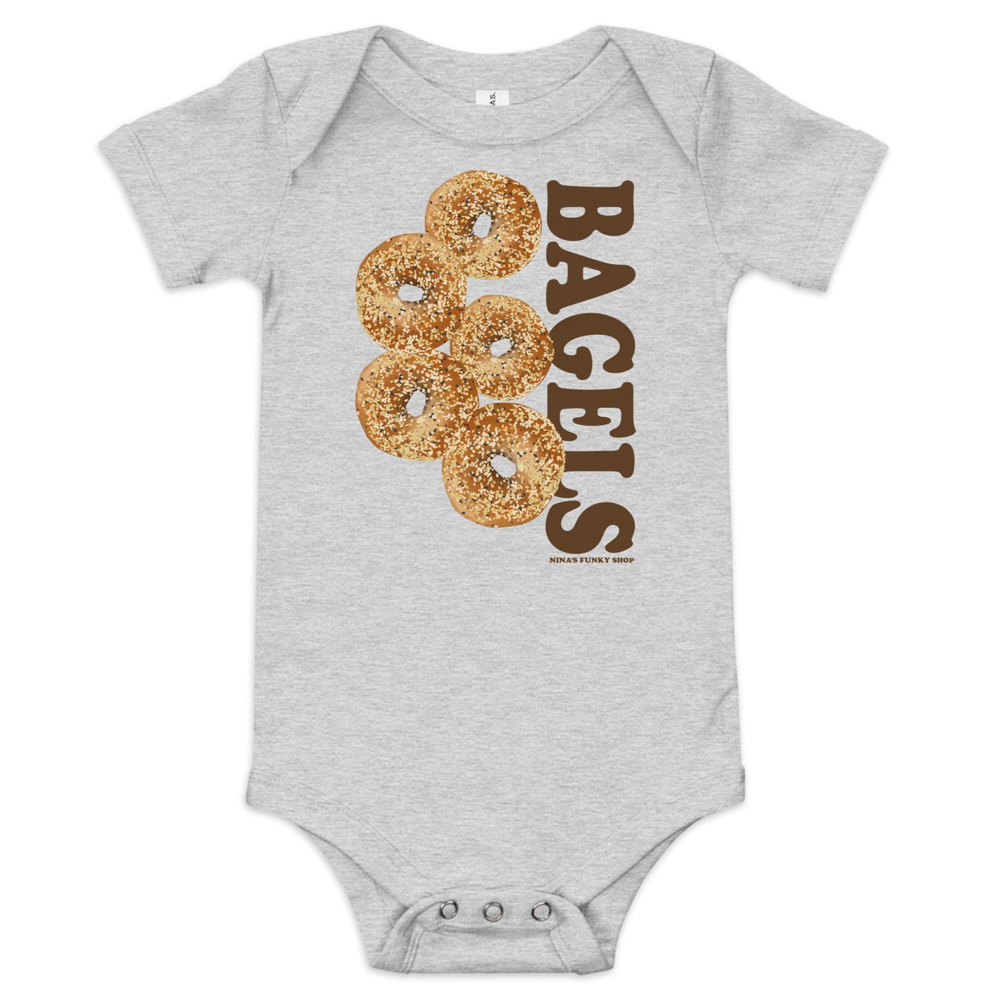 Light Gray Everything Bagel Baby Onesie - Love bagels? Looking for a gift for your favorite future bagel enthusiast? Our 100% cotton bagel baby onesie is just what you need. It has three snap leg closure for easy changing, a comfortable envelope neckline, and a unique bagel design, expertly printed on the front. Designed by Nina and made just for you!