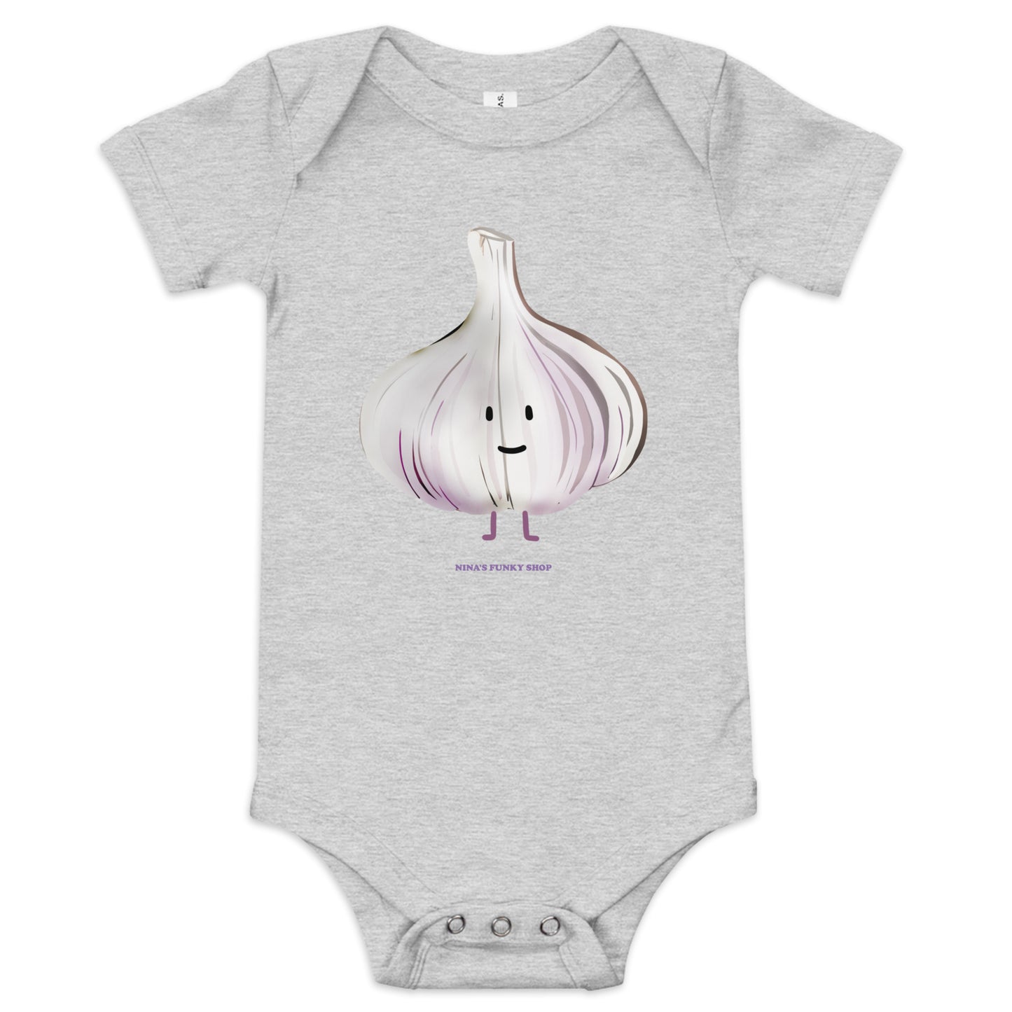 Gray Garlic Funny Baby Onesie - Love garlic? Dress your baby in our 100% cotton garlic baby onesie. It has three snap leg closure for easy changing, a comfortable envelope neckline, and a unique bagel design, expertly printed on the front. Designed by Nina and made just for you!