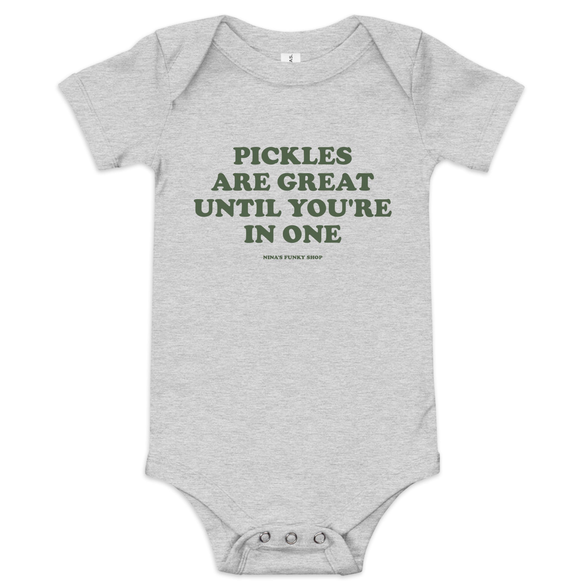 Gray Pickles Baby Onsie - Dress your baby in our 100% cotton funny Pickles Onesie. It has three snap leg closure for easy changing, a comfortable envelope neckline, and a funny pickle saying, expertly printed on the front. This cute baby onesie is designed by Nina and made just for you!