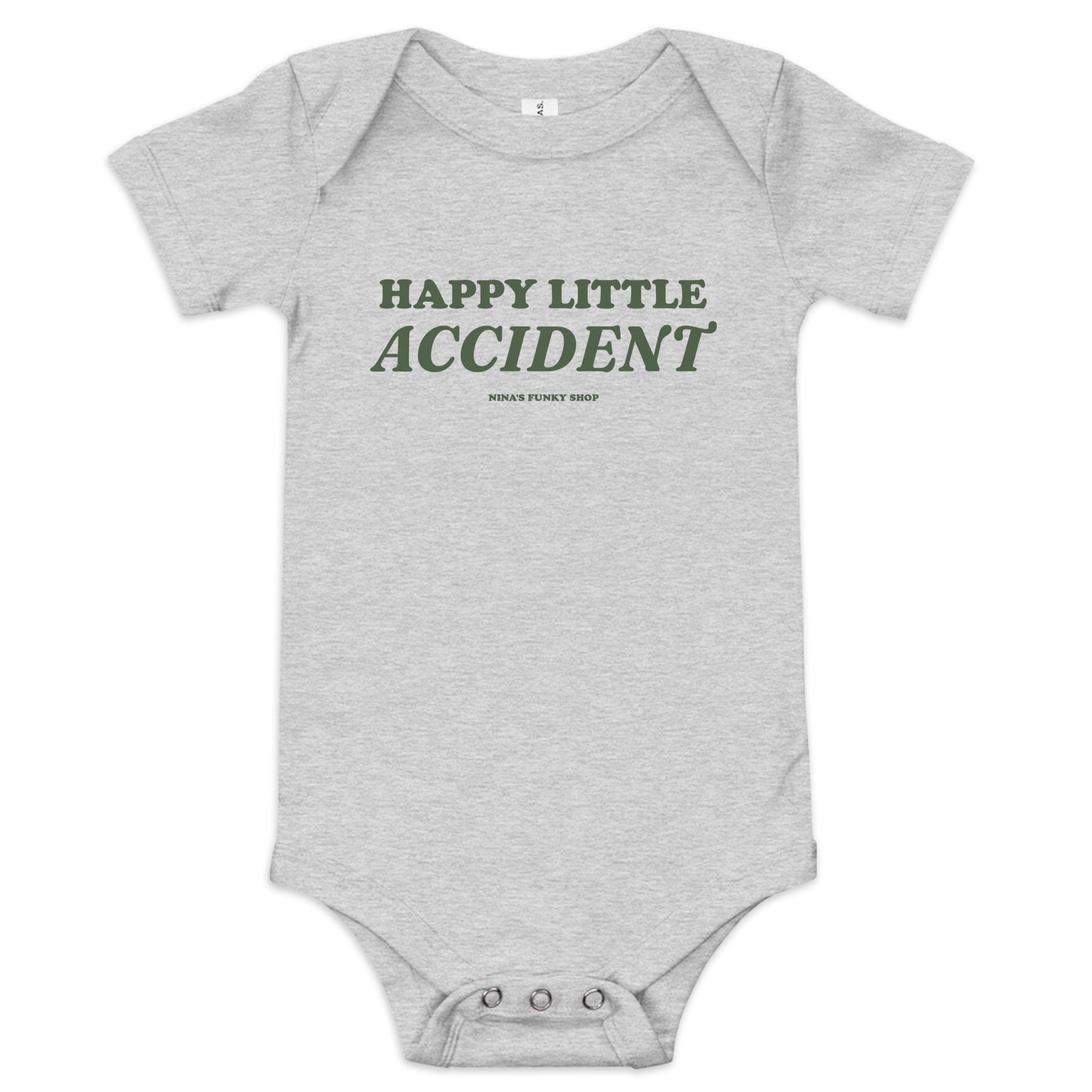 Gray - Introducing our Happy Little Accident Baby Onesie! This 100% cotton baby onesie has three snap leg closure for easy changing, a comfortable envelope neckline, and a cute and sarcastic design, expertly printed on the front. This funny baby onesie is designed by Nina and made just for you!