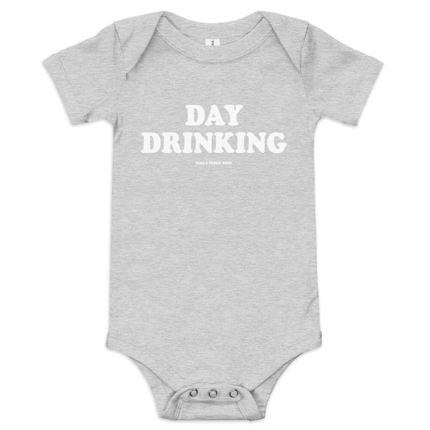 Light Gray Day Drinking Baby Onesie - Ready to dress your little day drinker in this 100% cotton baby onesie? It has three snap leg closure for easy changing, a comfortable envelope neckline, and a funny design, expertly printed on the front. This funny baby onesie is designed by Nina and made just for you!