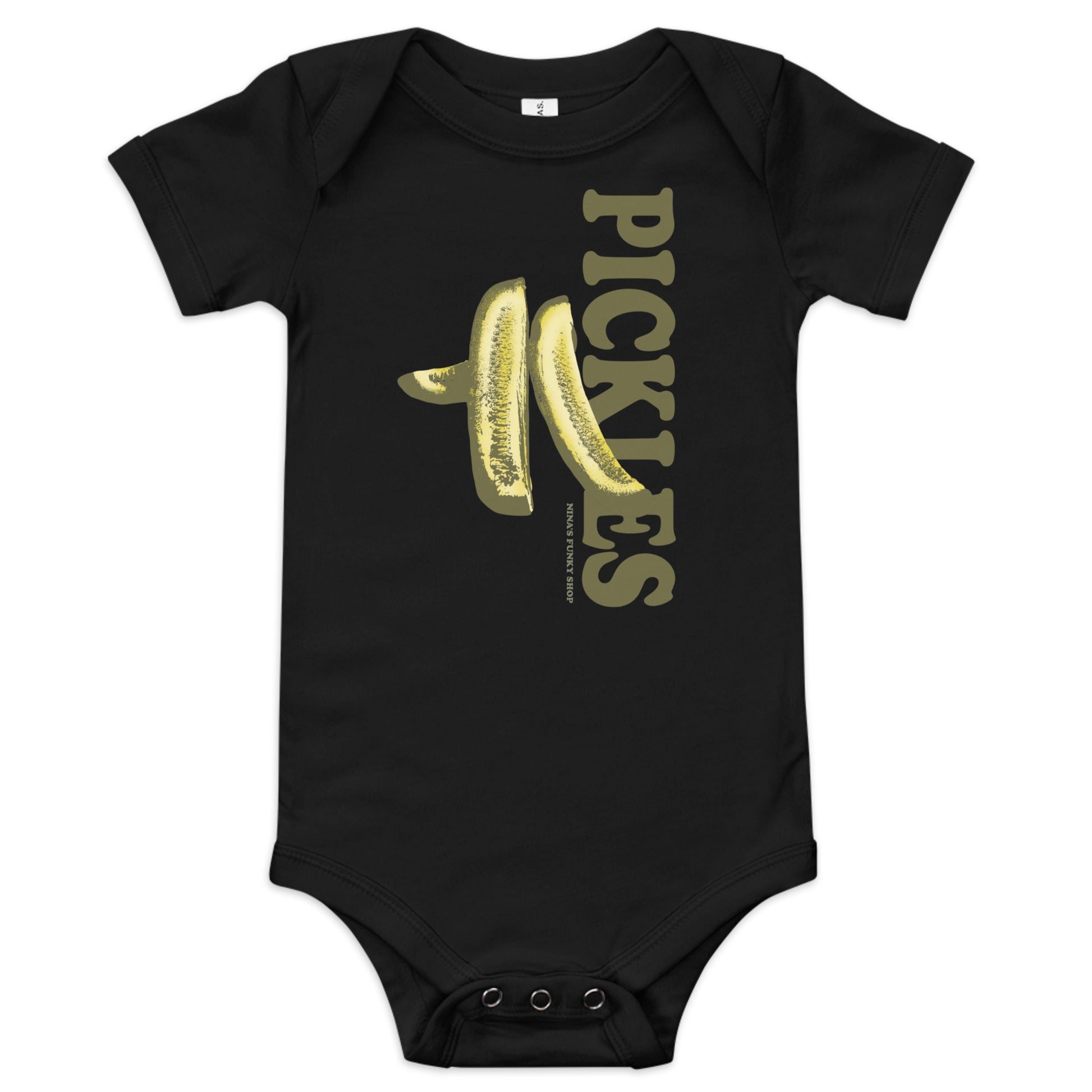 Black Pickles Baby Onesie - A cute pickles onesie for your favorite future pickle lover. Dress your baby in our 100% cotton pickles one piece. It has three snap leg closure for easy changing, a comfortable envelope neckline, and a unique pickles design, expertly printed on the front. Designed by Nina and made just for you!