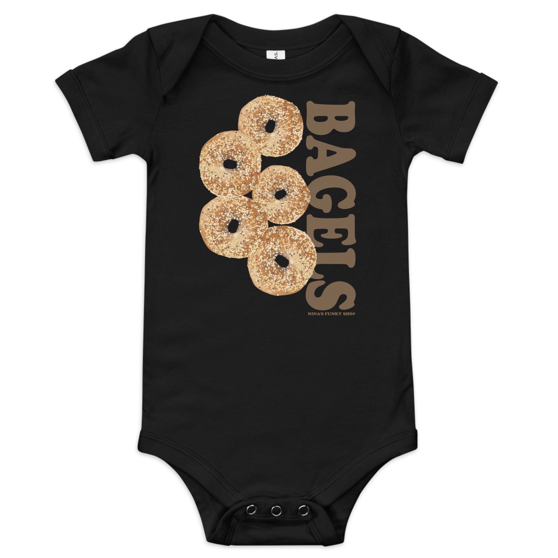 Black Everything Bagel Baby Onesie - Love bagels? Looking for a gift for your favorite future bagel enthusiast? Our 100% cotton bagel baby onesie is just what you need. It has three snap leg closure for easy changing, a comfortable envelope neckline, and a unique bagel design, expertly printed on the front. Designed by Nina and made just for you!