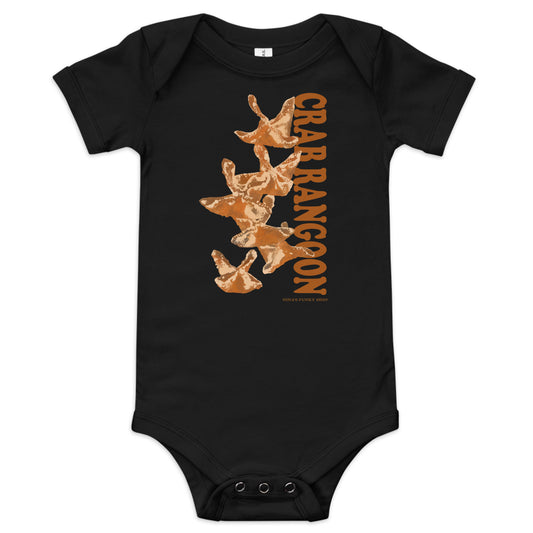 Black Crab Rangoon Funny Baby Onesie - Love Crab Rangoon? This cute Crab Rangoon onesie is just what you need. Dress your baby in our 100% cotton Crab Rangoon one piece. It has three snap leg closure for easy changing, a comfortable envelope neckline, and a unique Rangoon design, expertly printed on the front. Designed by Nina and made just for you! 