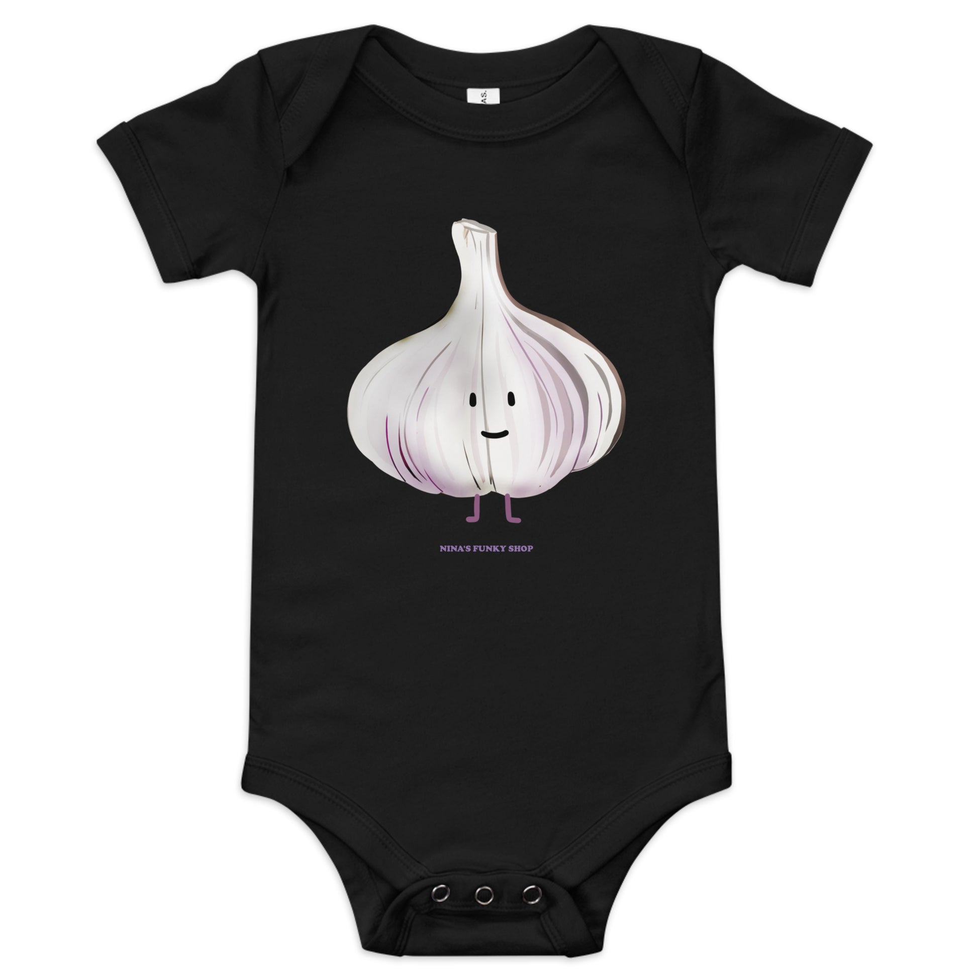 Black Garlic Funny Baby Onesie - Love garlic? Dress your baby in our 100% cotton garlic baby onesie. It has three snap leg closure for easy changing, a comfortable envelope neckline, and a unique bagel design, expertly printed on the front. Designed by Nina and made just for you!