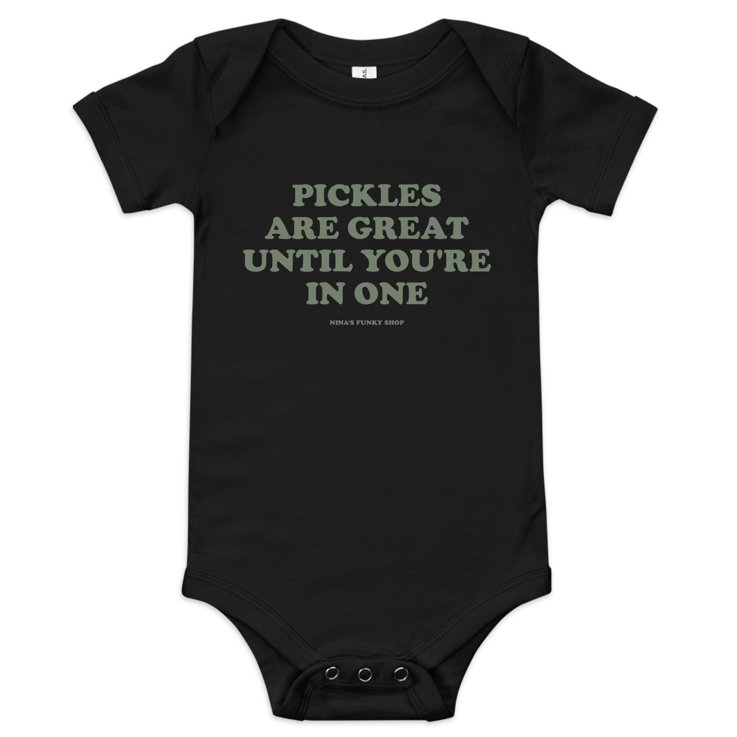 Black Pickles Baby Onsie - Dress your baby in our 100% cotton funny Pickles Onesie. It has three snap leg closure for easy changing, a comfortable envelope neckline, and a funny pickle saying, expertly printed on the front. This cute baby onesie is designed by Nina and made just for you!