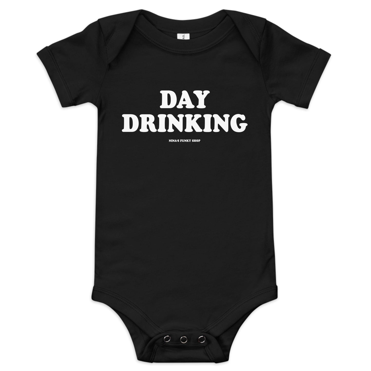 Black Day Drinking Baby Onesie - Ready to dress your little day drinker in this 100% cotton baby onesie? It has three snap leg closure for easy changing, a comfortable envelope neckline, and a funny design, expertly printed on the front. This funny baby onesie is designed by Nina and made just for you!