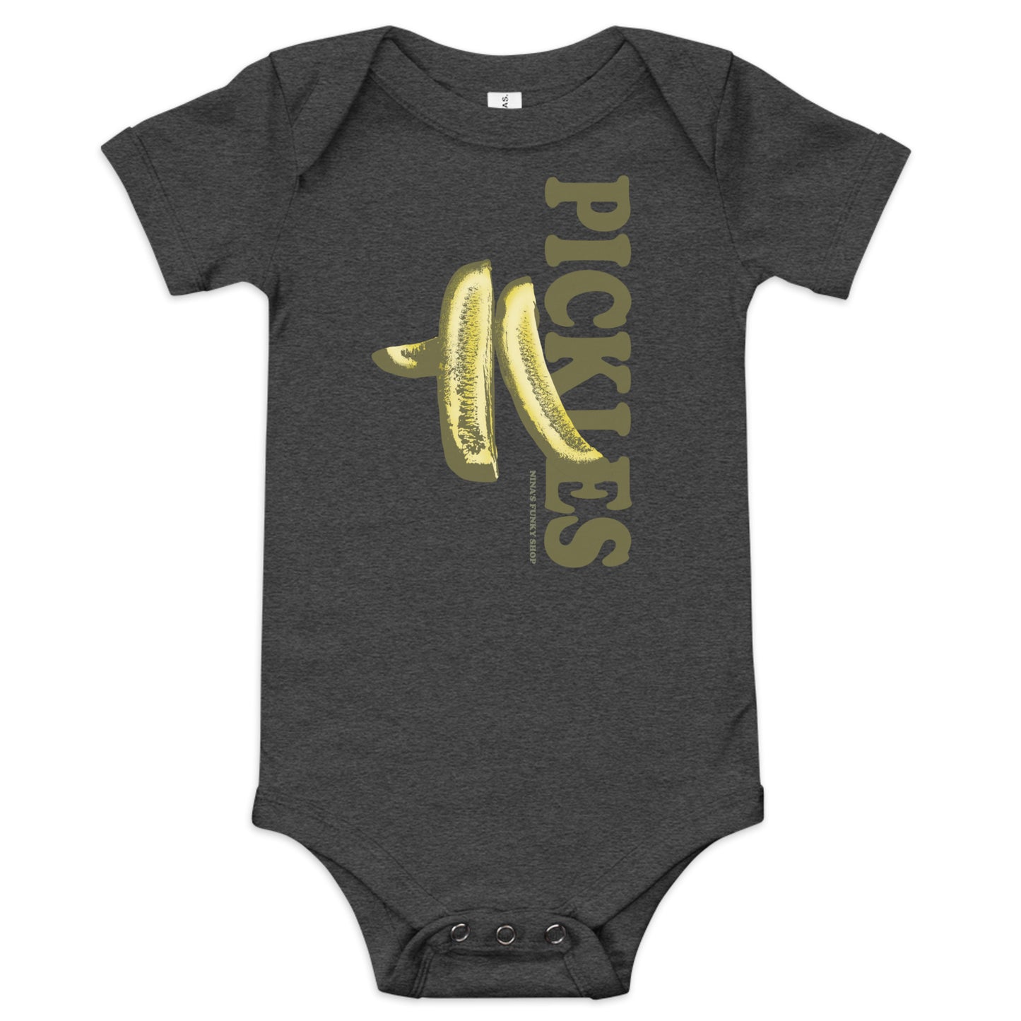 Dark Gray Pickles Baby Onesie - A cute pickles onesie for your favorite future pickle lover. Dress your baby in our 100% cotton pickles one piece. It has three snap leg closure for easy changing, a comfortable envelope neckline, and a unique pickles design, expertly printed on the front. Designed by Nina and made just for you!