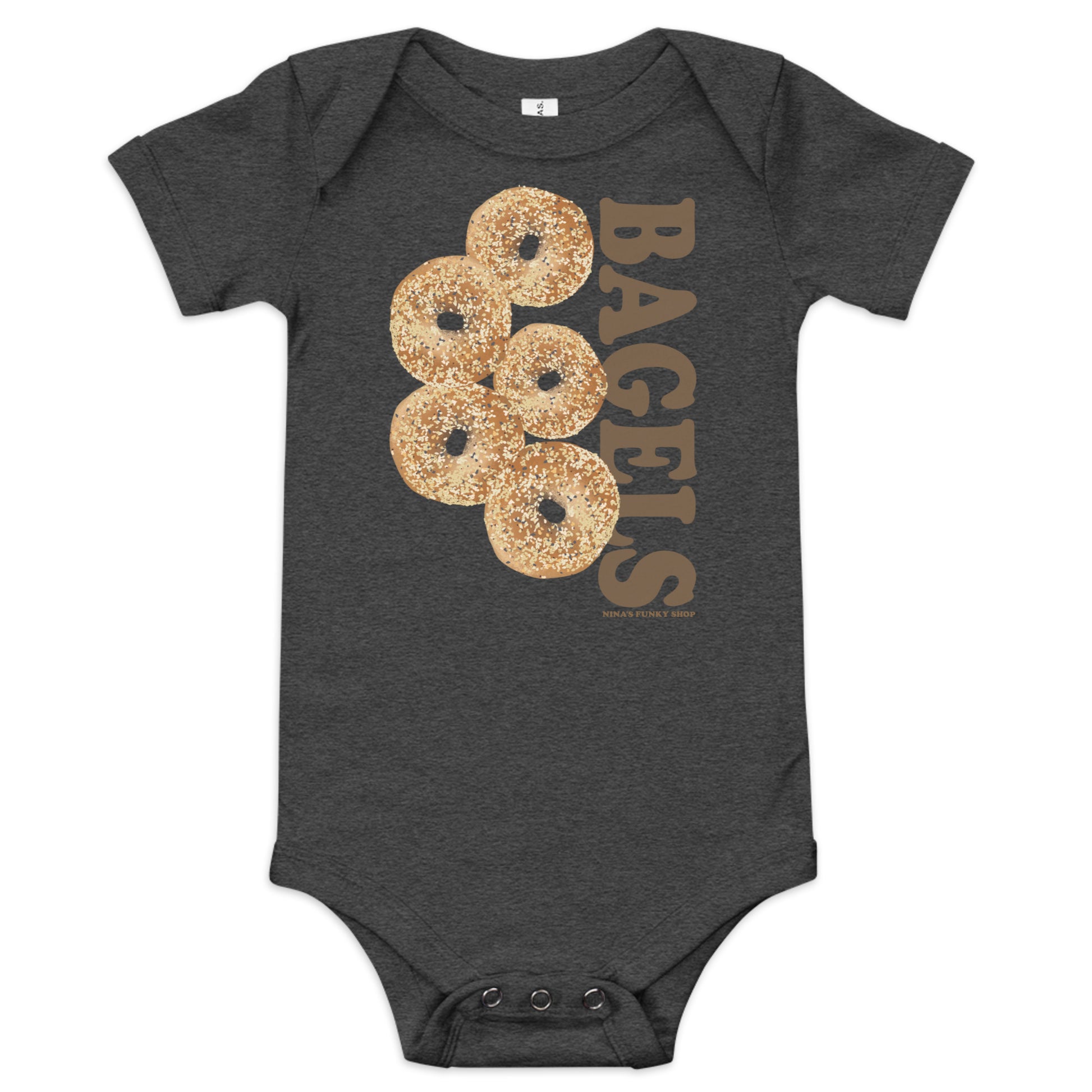 Dark Gray Everything Bagel Baby Onesie - Love bagels? Looking for a gift for your favorite future bagel enthusiast? Our 100% cotton bagel baby onesie is just what you need. It has three snap leg closure for easy changing, a comfortable envelope neckline, and a unique bagel design, expertly printed on the front. Designed by Nina and made just for you!