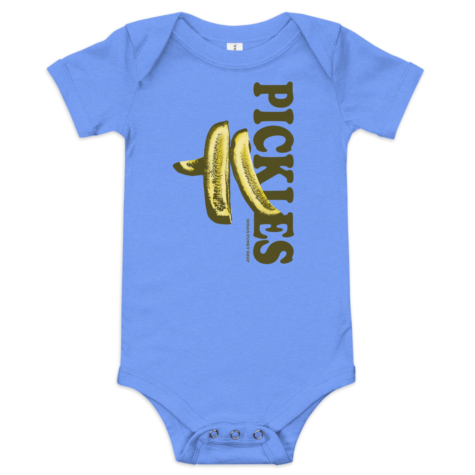 Blue Pickles Baby Onesie - A cute pickles onesie for your favorite future pickle lover. Dress your baby in our 100% cotton pickles one piece. It has three snap leg closure for easy changing, a comfortable envelope neckline, and a unique pickles design, expertly printed on the front. Designed by Nina and made just for you!